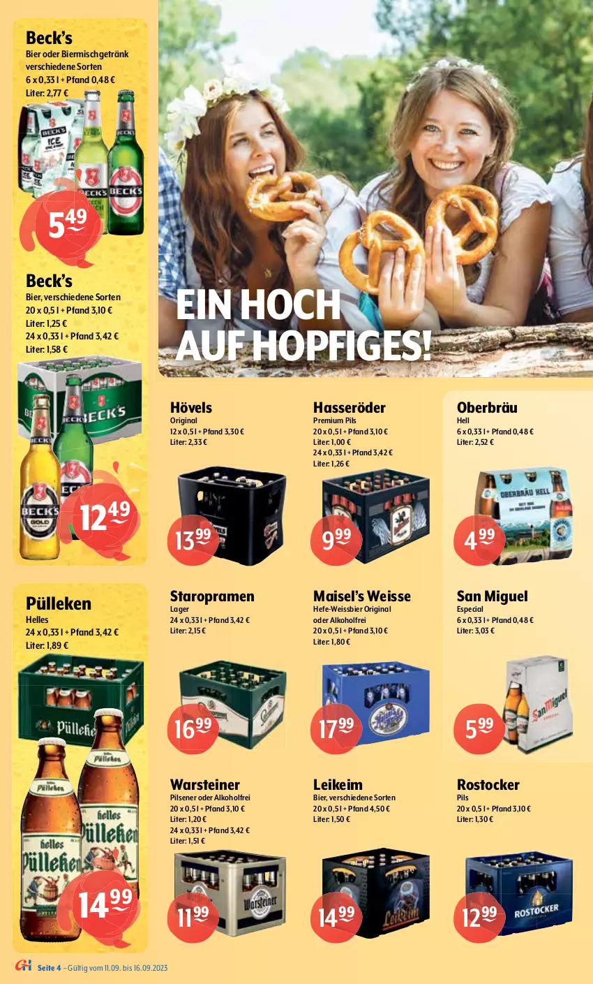 Aktueller Prospekt Getraenke Hoffmann - Prospekte - von 11.09 bis 16.09.2023 - strona 4 - produkty: alkohol, Altenmünster, auer, Berger, berliner, bier, Bierzeltgarnitur, bio, Blutorange, budweiser, corona, eis, elle, erde, franziskaner, garnitur, getränk, getränke, gewinnspiel, gin, hasseröder, Hefe, holunder, krombache, krombacher, LG, mais, oder radler, orange, pils, pilsener, pilsner, premium pils, radeberger, radler, Rostocker, Spiele, Staropramen, steiner, Stiegl, störtebeker, Ti, warsteiner, weck, weissbier, WICK, Zelt, zitrone