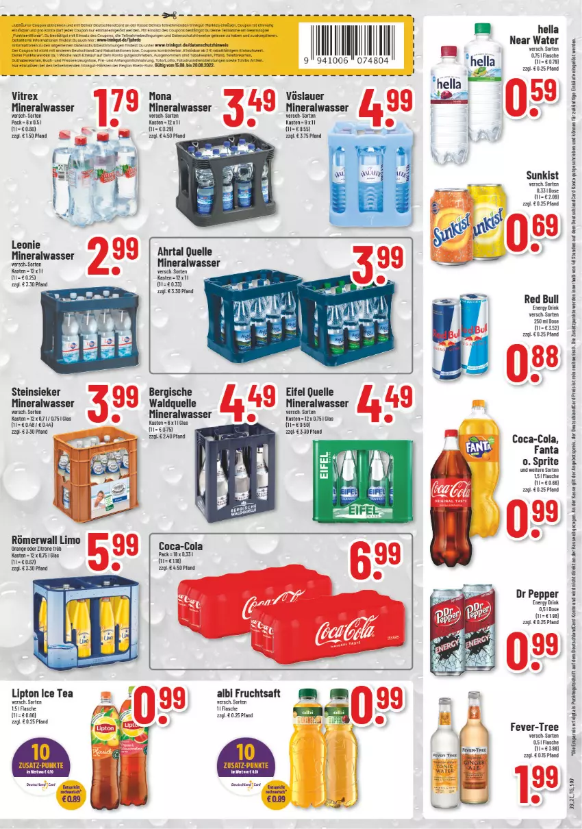 Aktueller Prospekt Trinkgut - von 15.08 bis 20.08.2022 - strona 3 - produkty: Alwa, angebot, angebotspreis, auer, buch, coca-cola, cola, coupon, coupons, deutschland card, deutschlandcard, drink, eis, elle, energy drink, erde, fanta, fever-tree, flasche, frucht, fruchtsaft, gin, hella, ice tea, LG, limo, lion, lipton, lipton ice tea, milch, mineralwasser, orange, reis, rwe, saft, sprite, Steinsieker, telefon, Ti, Tiere, vitrex, vöslauer, Waldquelle, wasser, zitrone