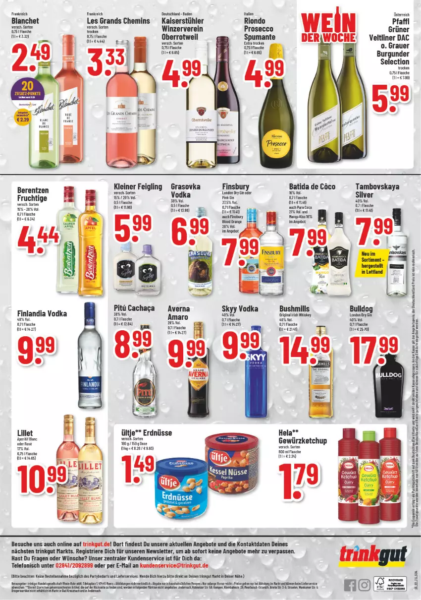 Aktueller Prospekt Trinkgut - von 15.08 bis 20.08.2022 - strona 4 - produkty: amaro, angebot, angebote, angebotspreis, aperitif, auer, averna, Bad, batida, Brei, burgunder, deka, deutschlandcard, dry gin, ecco, eis, elle, erde, erdnüsse, finsbury, flasche, frucht, gewürz, gewürzketchup, gin, grauer burgunder, grüner veltliner, Hela, Heu, irish whiskey, Kaiser, ketchup, kleiner feigling, leine, LG, lieferservice, lillet, london dry, london dry gin, mango, orange, prosecco, puma, reis, skyy, Skyy Vodka, spumante, Stühl, telefon, Ti, uhr, ültje, vodka, whiskey