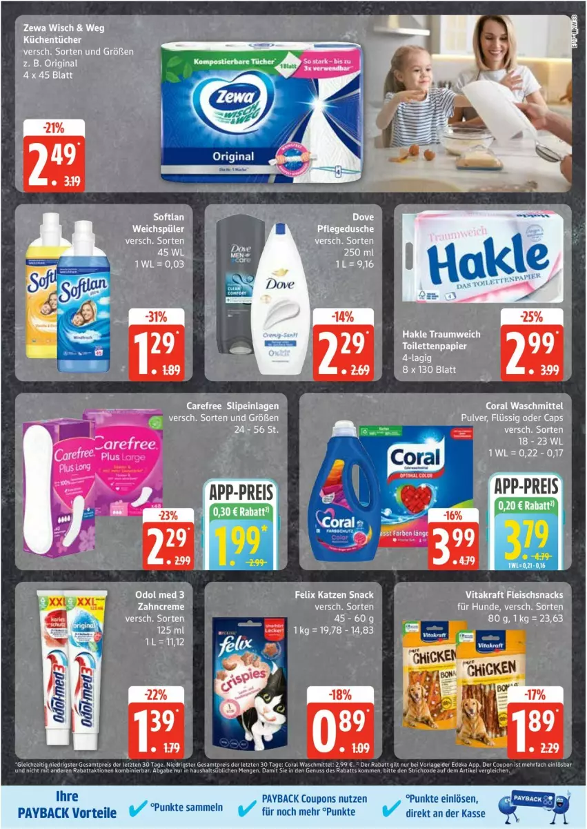 Aktueller Prospekt Edeka - Prospekte - von 11.08 bis 16.08.2025 - strona 17 - produkty: Cap, carefree, Coral, coupon, coupons, eis, felix, fleisch, hakle, kraft, LG, Odol, odol med, papier, payback, reis, slip, slipeinlagen, snack, snacks, Ti, toilettenpapier, vita, vitakraft, waschmittel, zewa