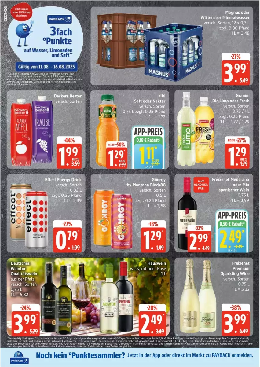 Aktueller Prospekt Edeka - Prospekte - von 11.08 bis 16.08.2025 - strona 18 - produkty: Alwa, eis, ente, freixenet, lack, limo, limonade, limonaden, mineralwasser, montana, payback, saft, Ti, wasser, wein