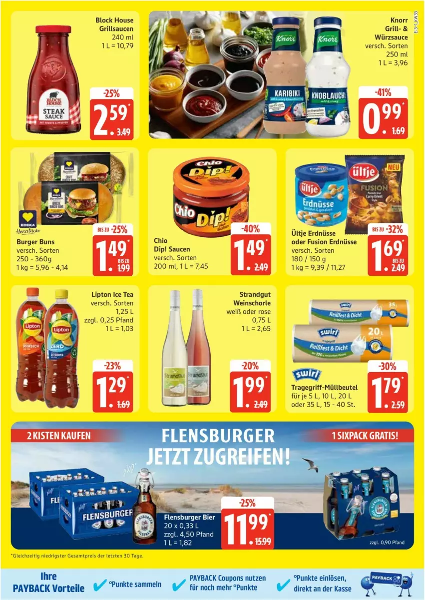 Aktueller Prospekt Edeka - Prospekte - von 11.08 bis 16.08.2025 - strona 3 - produkty: beutel, burger, burger buns, coupon, coupons, dip, eis, erdnüsse, grill, grillsauce, ice tea, knorr, lipton, lipton ice tea, müllbeutel, payback, reis, sauce, saucen, schorle, Ti, tragegriff, ültje, ültje erdnüsse, wein, weinschorle, würzsauce, ZTE