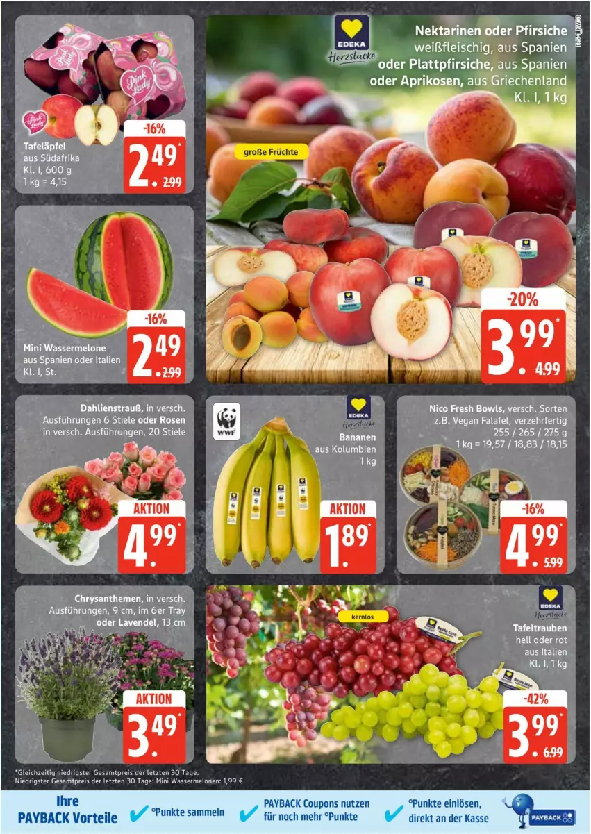 Aktueller Prospekt Edeka - Prospekte - von 11.08 bis 16.08.2025 - strona 5 - produkty: banane, bananen, chrysanthemen, coupon, coupons, eis, Falafel, früchte, lavendel, melone, melonen, mini wassermelonen, Nektar, nektarinen, nektarinen oder, oder pfirsiche, payback, pfirsich, pfirsiche, plattpfirsiche, reis, rosen, tafeläpfel, tee, Ti, wasser, wassermelone, wassermelonen, ZTE