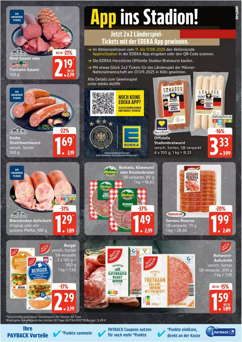 Aktueller Prospekt Edeka - Prospekte - von 11.08 bis 16.08.2025 - strona 9 - produkty: bratwurst, burger, coupon, coupons, deka, eis, elle, gewinnspiel, payback, Rauch, reis, serrano, Ti, wurst, ZTE