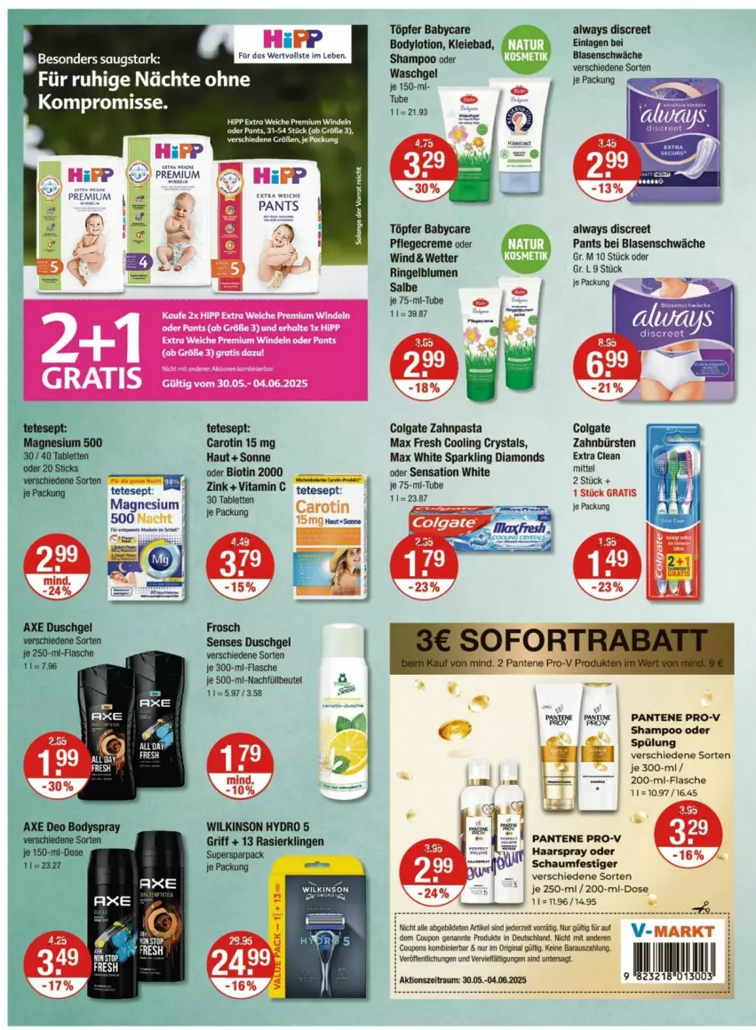 Aktueller Prospekt Vmarkt - Prospekte - von 30.05 bis 04.06.2025 - strona 10 - produkty: Alwa, Always, axe, Bad, beutel, bio, blume, blumen, body, bodylotion, bodyspray, bürste, bürsten, colgate, coupon, coupons, creme, deo, Discreet, duschgel, flasche, Frosch, gin, haarspray, LG, Lotion, magnesium, Max Fresh, Max White, pantene, pantene pro-v, Pants, pasta, Pflegecreme, pro-v, Rasierklinge, rasierklingen, ring, schaumfestiger, shampoo, shampoo oder spülung, spülung, tablet, tablett, Tablette, Ti, vita, Vitamin C, waschgel, wilkinson, zahnbürste, zahnbürsten, zahnpasta