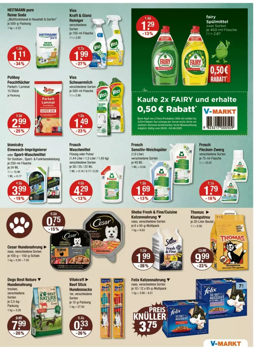 Aktueller Prospekt Vmarkt - Prospekte - von 30.05 bis 04.06.2025 - strona 11 - produkty: beef, beutel, bio, felix, feuchttücher, flasche, Frosch, heitmann, Heu, hundenahrung, hundesnack, hundesnacks, katzennahrung, kleid, Kleidung, klumpstreu, kraft, laminat, milch, natur, reiniger, Schal, Schale, scheuermilch, sheba, snack, snacks, Soda, Sport, Ti, tücher, vita, vitakraft, waschmittel, weichspüler