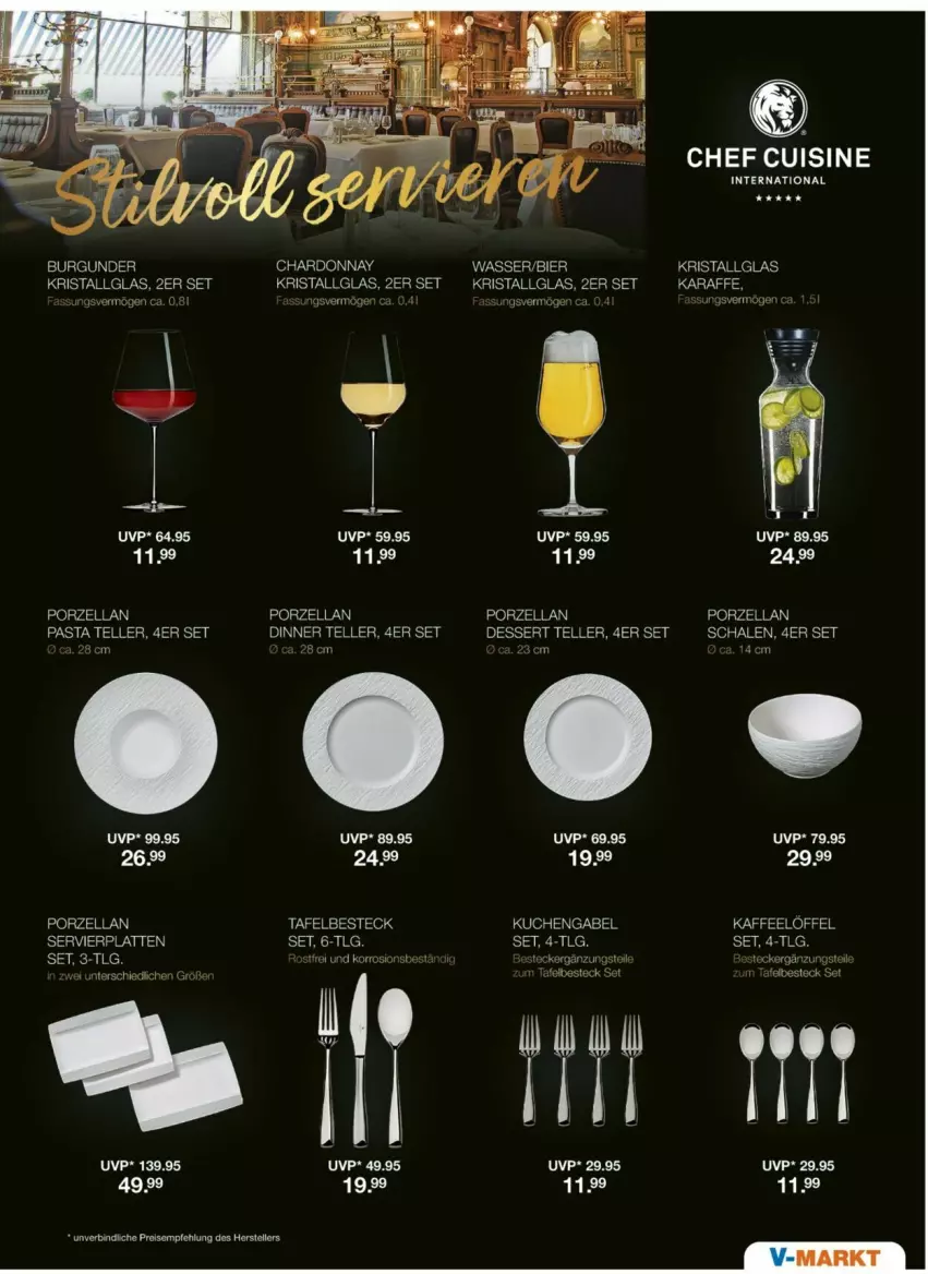 Aktueller Prospekt Vmarkt - Prospekte - von 30.05 bis 04.06.2025 - strona 15 - produkty: besteck, bier, burgunder, chardonnay, dessert, elle, gabel, kaffee, Karaffe, kuchen, latte, LG, Löffel, Schal, Schale, Servierplatten, teller, Ti, wasser