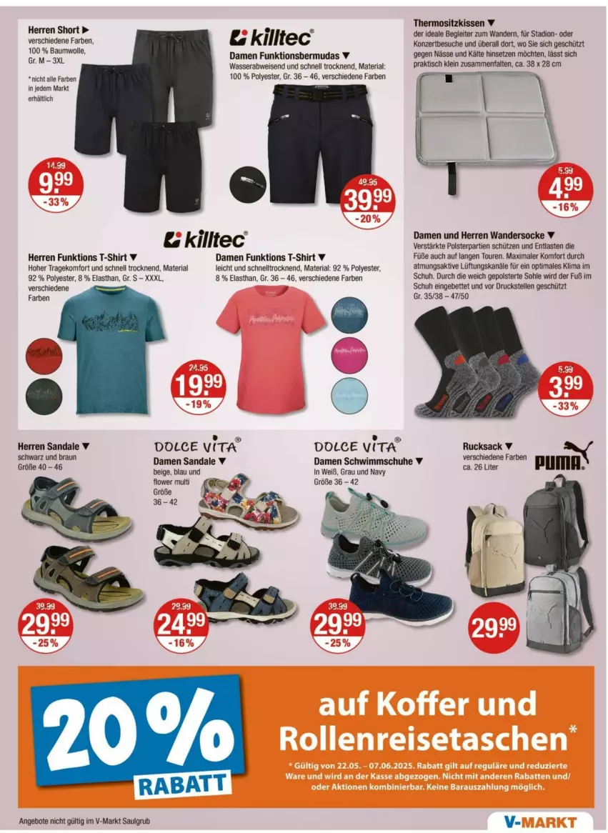 Aktueller Prospekt Vmarkt - Prospekte - von 30.05 bis 04.06.2025 - strona 21 - produkty: angebot, angebote, Bau, baumwolle, bermuda, bermudas, bett, braun, eis, elle, kissen, LG, Ria, rucksack, sac, sandale, schuhe, Schütze, shirt, sitzkissen, T-Shirt, Ti, tisch, vita, wasser, wolle