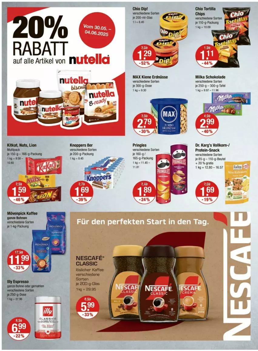 Aktueller Prospekt Vmarkt - Prospekte - von 30.05 bis 04.06.2025 - strona 8 - produkty: beutel, chips, dip, erdnüsse, kaffee, kitkat, knoppers, korn, lion, löslicher kaffee, milka, milka schokolade, nescafe, pringles, ring, schoko, schokolade, snack, Ti, tortilla