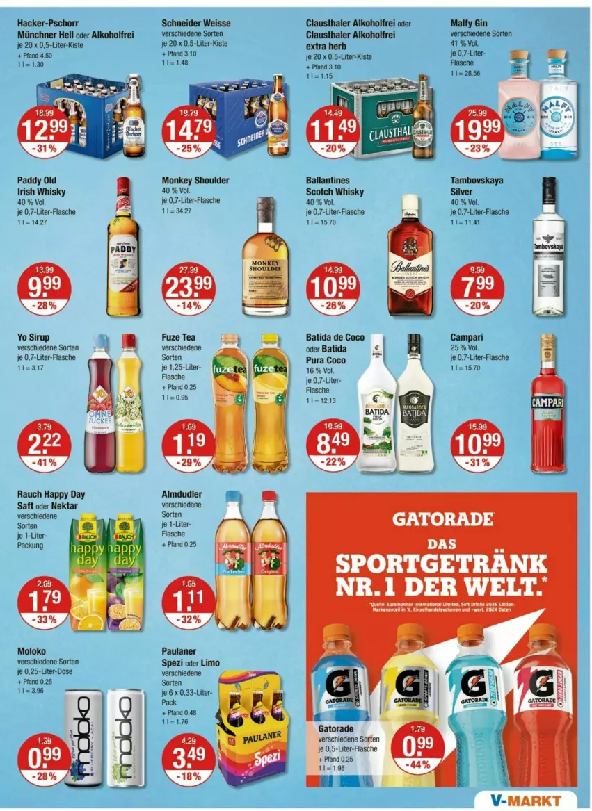 Aktueller Prospekt Vmarkt - Prospekte - von 30.05 bis 04.06.2025 - strona 9 - produkty: alkohol, almdudler, aust, ball, batida, campari, clausthaler, drink, drinks, eis, flasche, fuze tea, gin, Happy Day, limo, Nektar, Paula, paulaner, Rauch, saft, scotch, scotch whisky, sirup, Spezi, Sport, Ti, whisky, Yo