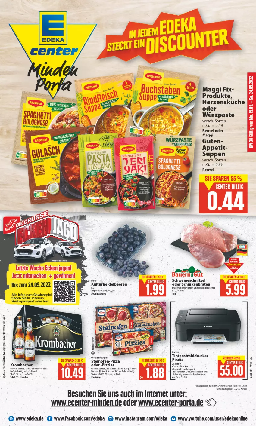 Aktueller Prospekt E Center - Angebote der Woche - von 19.09 bis 24.09.2022 - strona 1 - produkty: alkohol, beere, beeren, beutel, braten, canon, cin, deka, drucker, ente, flasche, heidelbeere, heidelbeeren, krombache, krombacher, küche, kuchen, Kugel, lamm, maggi, maggi fix, Ofen, pizza, rel, saft, salami, schinken, schinkenbraten, schnitten, schnitzel, schwein, schweine, schweineschnitzel, steinofen, suppe, suppen, Ti, wein, weine, Yo