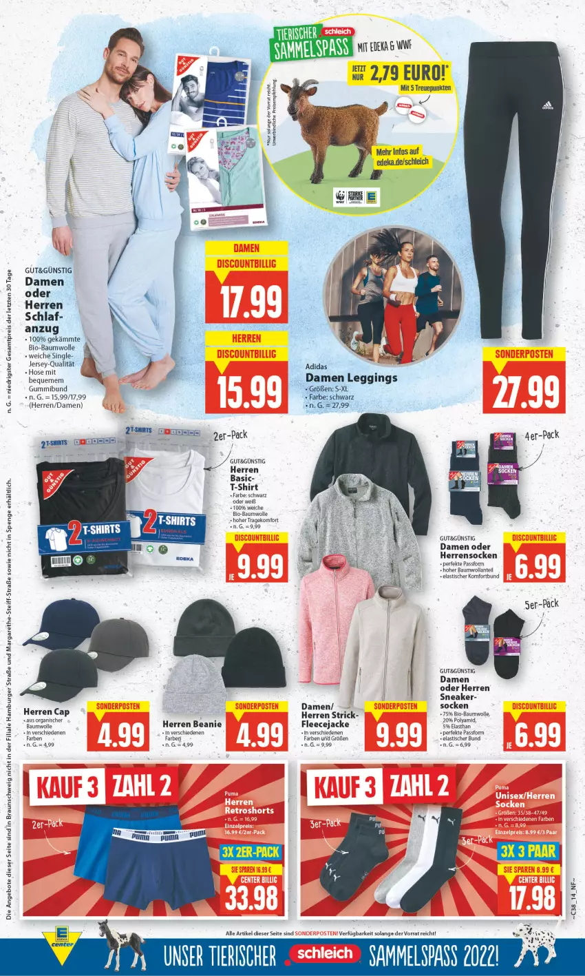 Aktueller Prospekt E Center - Angebote der Woche - von 19.09 bis 24.09.2022 - strona 14 - produkty: Adidas, angebot, angebote, Anzug, asti, Bau, baumwolle, Beanie, bio, bio-baumwolle, braun, burger, eis, Fleecejacke, gin, hamburger, Herrensocken, hose, Jacke, leggings, reis, Schleich, shirt, shirts, sneaker, socken, T-Shirt, Ti, tisch, wolle, ZTE