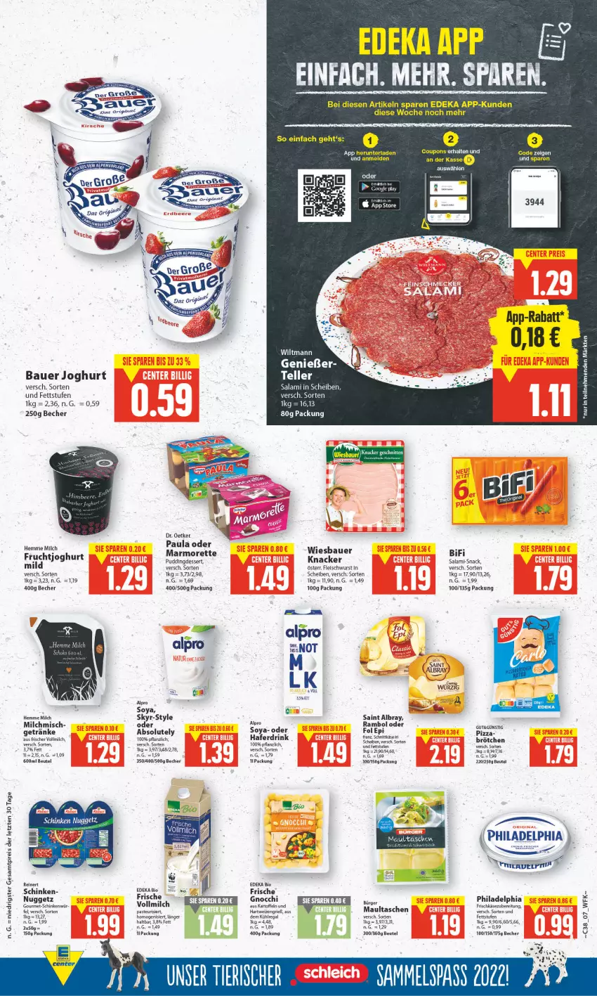 Aktueller Prospekt E Center - Angebote der Woche - von 19.09 bis 24.09.2022 - strona 7 - produkty: albray, alpro, auer, Bau, Bauer, Becher, beutel, bifi, bio, brötchen, coupon, coupons, deka, dessert, Dr. Oetker, edeka bio, elle, frischkäse, frischkäsezubereitung, frucht, fruchtjoghurt, getränk, getränke, gnocchi, google play, hartweizen, joghur, joghurt, kartoffel, kartoffeln, Käse, knacker, kühlregal, marmorette, milch, Paula, philadelphia, pizza, pudding, regal, reinert, saint albray, salami, schinken, Skyr, snack, soya, Tasche, taschen, teller, Ti, vollmilch, wiesbauer, wiltmann, wurst