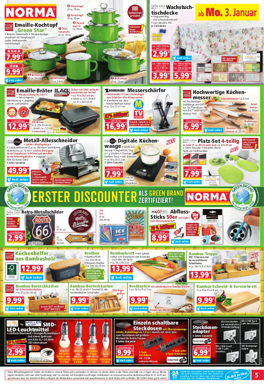 Aktueller Prospekt Norma - Norma - von 03.01 bis 10.01.2021 - strona 5 - produkty: adapter, apfel, auer, aust, auto, bambus, batterie, batterien, Bebe, besteck, bestecke, braten, Bratentopf, Brei, brot, Brotkasten, decke, Deckel, edelstahl, edelstahlmesser, Einteiler, eis, elle, fleisch, Fleischtopf, gefu, gin, Glasdeckel, Holz, ilag, kerze, kochfeld, Kochtopf, kraft, küche, Küchen, Küchenhelfer, Küchenwaage, leuchtmittel, LG, mab, maille, messer, milch, ndk, nuss, passend für alle, Pfau, Reinigung, reis, ring, rum, rwe, saft, Schal, Schlitten, schneidebrett, schubladen, Spektrum, steckdose, Steckdosenadapter, stielkasserolle, Ti, tisch, tischdecke, topf, tragegriff, tuc, uhr, usb, Waage, wachstuch, walnuss