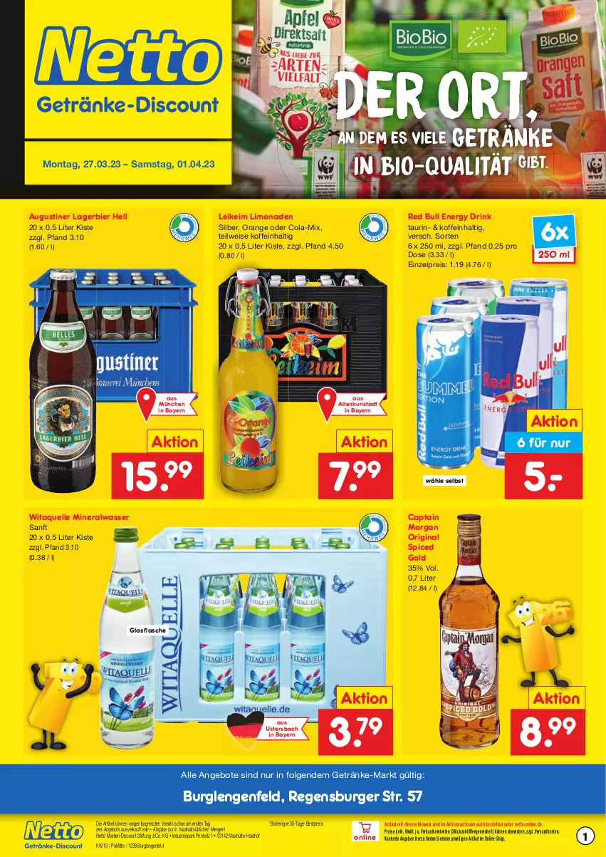 Aktueller Prospekt Netto Marken-Discount - Getränkemarkt in deiner Nähe - von 15.03.2021 bis 01.04.2023 - strona 1 - produkty: Alwa, angebot, angebote, bestpreis, bier, bio, burger, Cap, captain morgan, cola, discount, drink, eis, elle, energy drink, flasche, getränk, getränke, gin, glasflasche, Holz, Lagerbier, LG, limo, limonade, limonaden, marken-discount, mineralwasser, ndk, orange, original spiced gold, red bull, regensburger, reis, Ti, wasser, ZTE