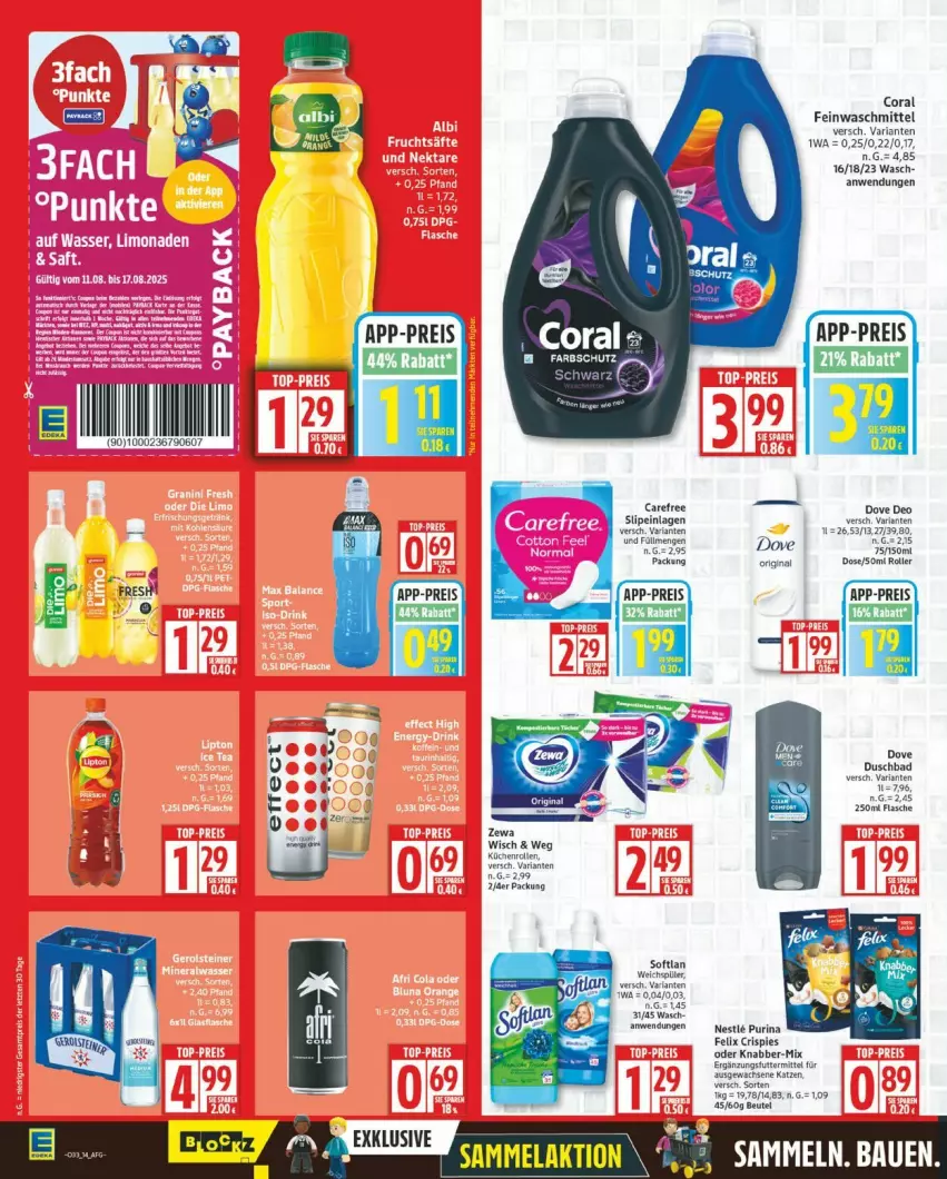 Aktueller Prospekt Edeka - Prospekte - von 11.08 bis 16.08.2025 - strona 14 - produkty: arla, Bad, beutel, carefree, Coral, deo, dove, duschbad, eier, eis, feinwaschmittel, felix, flasche, gin, küche, Küchen, küchenrolle, küchenrollen, purina, reis, Ria, Roller, slip, slipeinlagen, Softlan, waschmittel, weichspüler, zewa