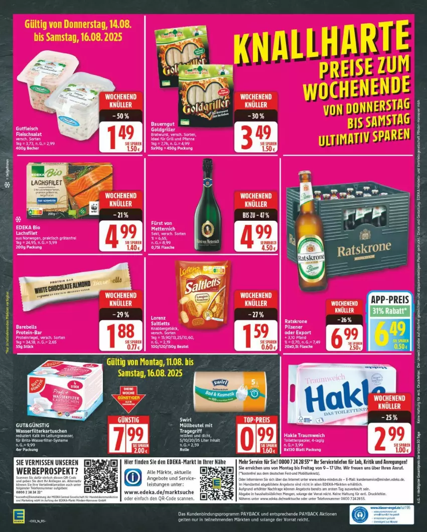 Aktueller Prospekt Edeka - Prospekte - von 11.08 bis 16.08.2025 - strona 16 - produkty: angebot, angebote, deka, eis, elle, filet, fleisch, fleischsalat, gutfleisch, hakle, lachs, lachsfilet, LG, payback, reis, salat, tee, telefon, Ti, uhr, ZTE