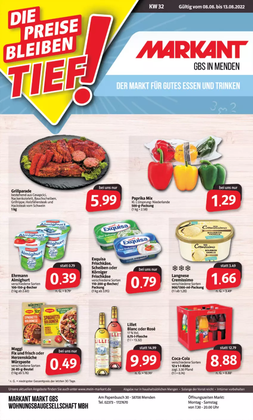 Aktueller Prospekt Markant - Prospekte - von 08.08 bis 13.08.2022 - strona 1 - produkty: almighur, almighurt, angebot, angebote, Bau, bauchscheiben, Becher, cevapcici, coca-cola, cola, cremissimo, ehrmann, ehrmann almighurt, eis, elle, grill, grillrippe, gutes essen, Holz, kotelett, küche, langnese, langnese cremissimo, reis, schwein, sim, steak, Ti, uhr, wein, ZTE