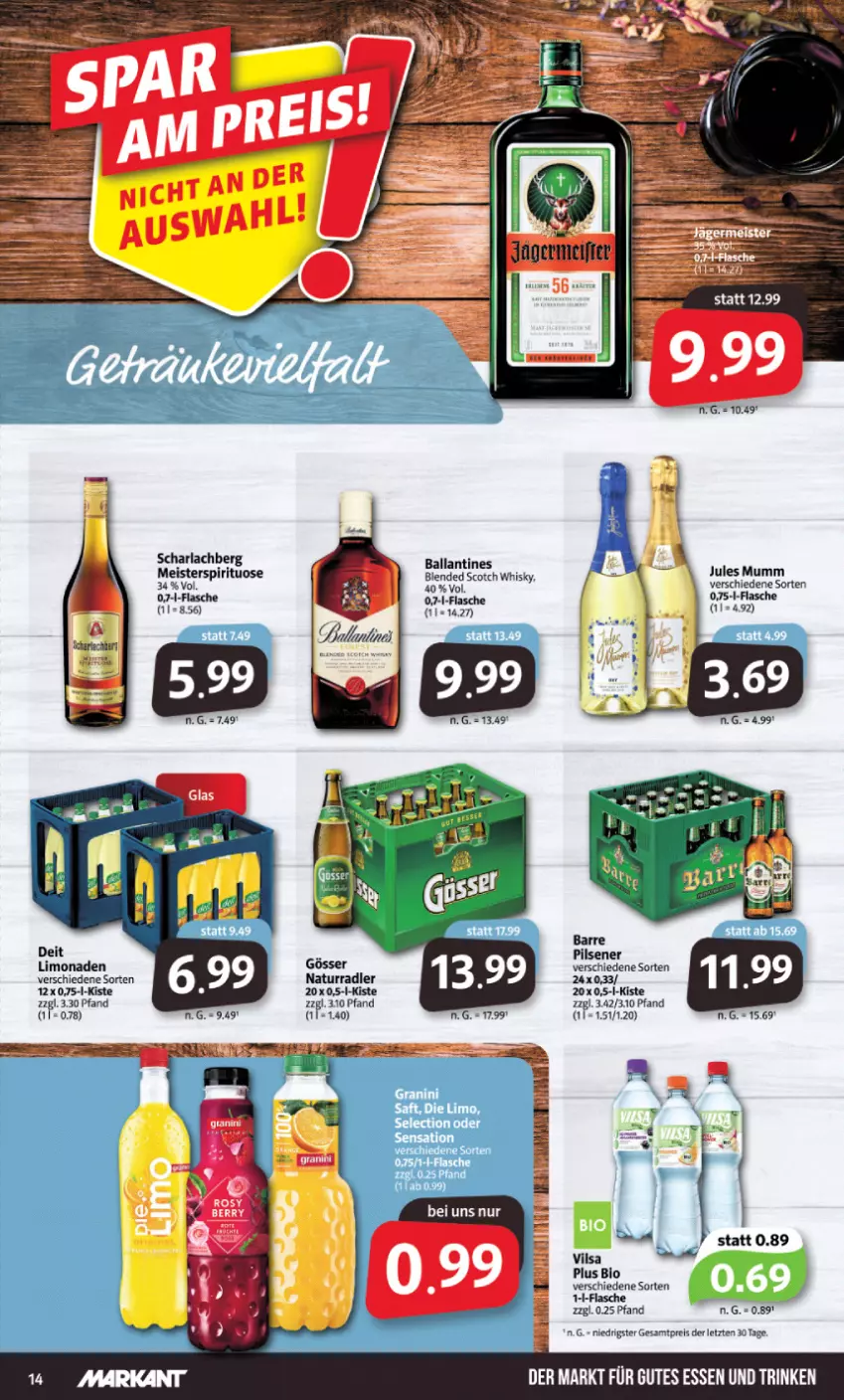 Aktueller Prospekt Markant - Prospekte - von 08.08 bis 13.08.2022 - strona 14 - produkty: arla, ball, bio, blended scotch, blended scotch whisky, deit, eis, flasche, gösser, gutes essen, jules mumm, limo, limonade, limonaden, Meister, mumm, natur, pils, pilsener, radler, reis, scotch, scotch whisky, Ti, vilsa, whisky, ZTE