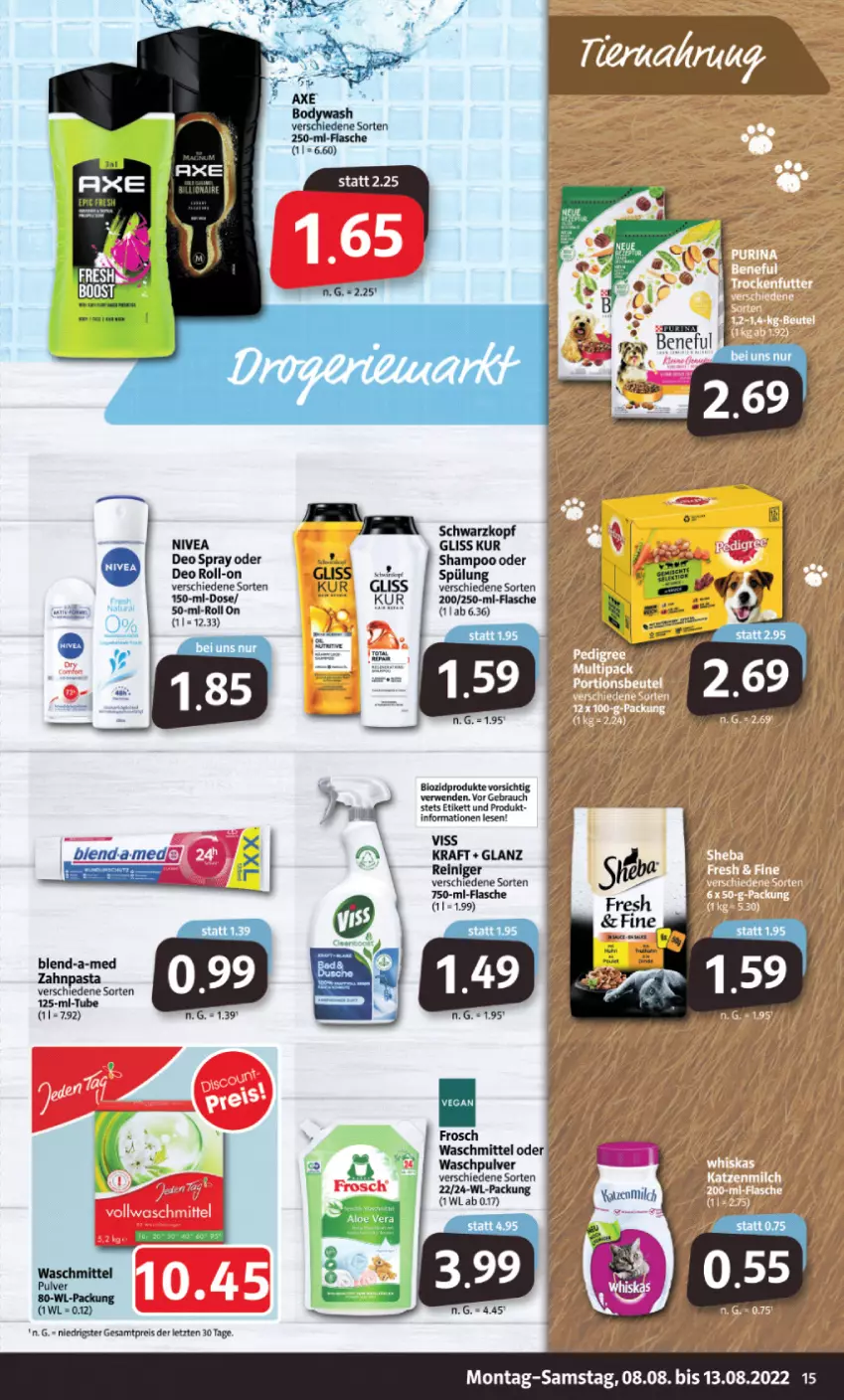 Aktueller Prospekt Markant - Prospekte - von 08.08 bis 13.08.2022 - strona 15 - produkty: bio, biozidprodukte, deo, deo spray, eis, flasche, Frosch, gliss, gliss kur, HP, kraft, nivea, Rauch, reis, roll-on, rwe, shampoo, Ti, waschmittel, Waschpulver, ZTE