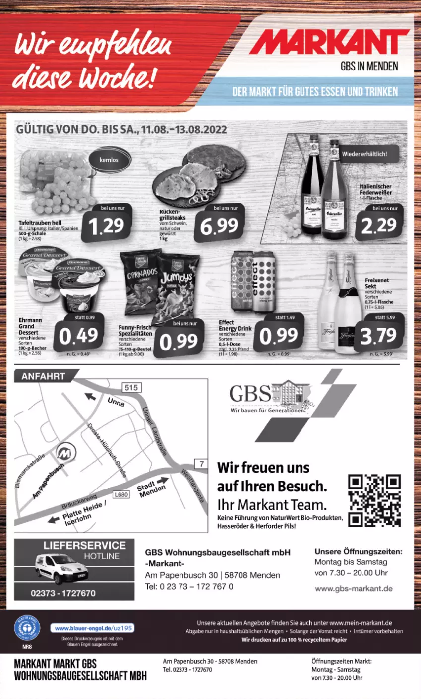 Aktueller Prospekt Markant - Prospekte - von 08.08 bis 13.08.2022 - strona 16 - produkty: angebot, angebote, Bau, Bebe, beutel, bio, brot, elle, ente, hasseröder, lieferservice, natur, pils, rwe, Schal, Schale, tafeltrauben, Ti, trauben, uhr