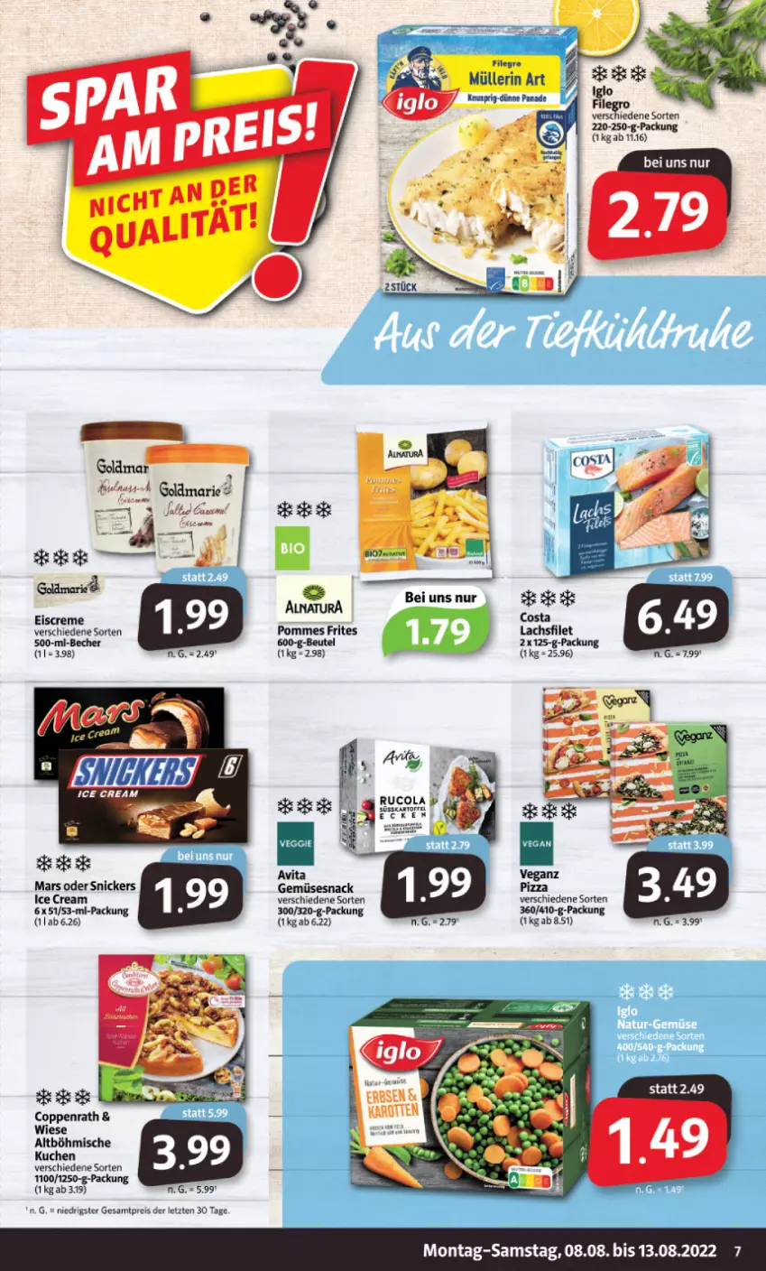 Aktueller Prospekt Markant - Prospekte - von 08.08 bis 13.08.2022 - strona 7 - produkty: Becher, beutel, coppenrath, creme, eis, eiscreme, filegro, filet, goldmarie, kuchen, lachs, lachsfilet, mars, Müller, müllerin art, pommes, Pommes Frites, reis, snickers, ZTE