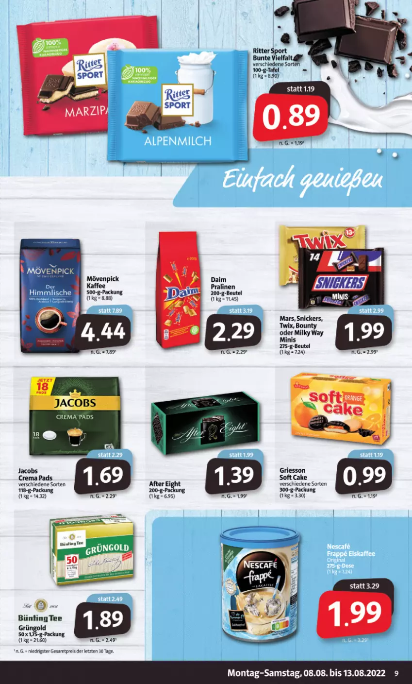 Aktueller Prospekt Markant - Prospekte - von 08.08 bis 13.08.2022 - strona 9 - produkty: after eight, beutel, bounty, bünting tee, crema pads, daim, eis, griesson, jacobs, Jacobs Crema, kaffee, mars, milky way, mövenpick, pralinen, reis, ritter, snickers, tee, Ti, twix, ZTE