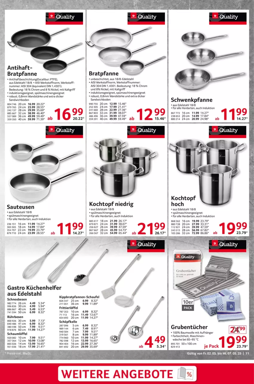 Aktueller Prospekt Selgros - Non Food - von 02.05 bis 07.05.2025 - strona 11 - produkty: Bau, baumwolle, bratpfanne, edelstahl, herdarten, Kochtopf, küche, Küchen, Küchenhelfer, Löffel, pfanne, pfannen, sandwich, Schneebesen, spülmaschinen, Ti, topf, tücher, wolle