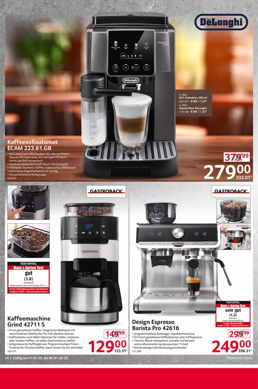 Aktueller Prospekt Selgros - Non Food - von 02.05 bis 07.05.2025 - strona 14 - produkty: bohne, bohnen, delonghi, eis, elle, entkalker, espresso, gastroback, kaffee, kaffeebohnen, kaffeegenuss, kaffeemaschine, mac, nuss, rind, roba, Ti, timer, wasser, wasserfilter