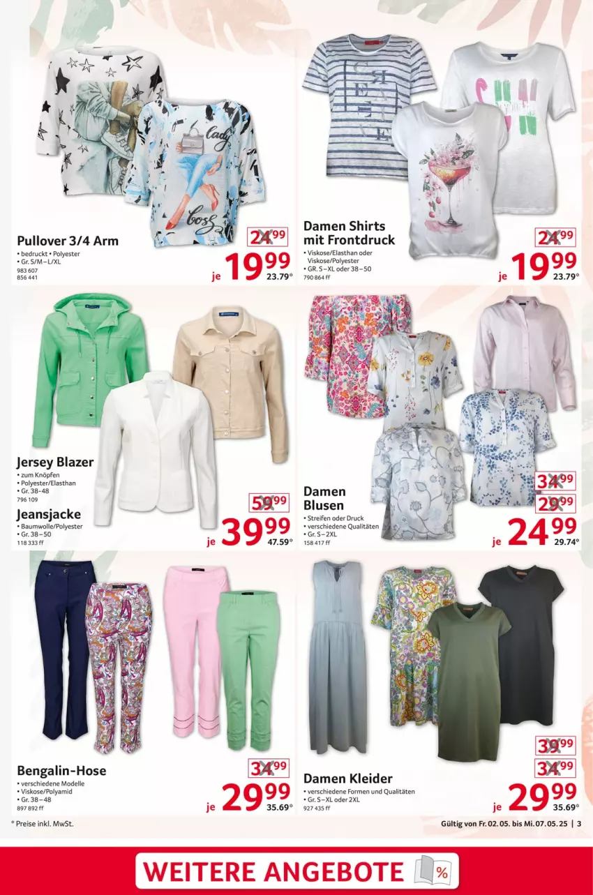 Aktueller Prospekt Selgros - Non Food - von 02.05 bis 07.05.2025 - strona 3 - produkty: angebot, angebote, Bau, baumwolle, Bengalin, Blazer, bluse, damen kleid, dell, eis, elle, hose, Jacke, jeans, Jeansjacke, kleid, kleider, Mode, Pullover, reifen, reis, shirt, shirts, Ti, wolle