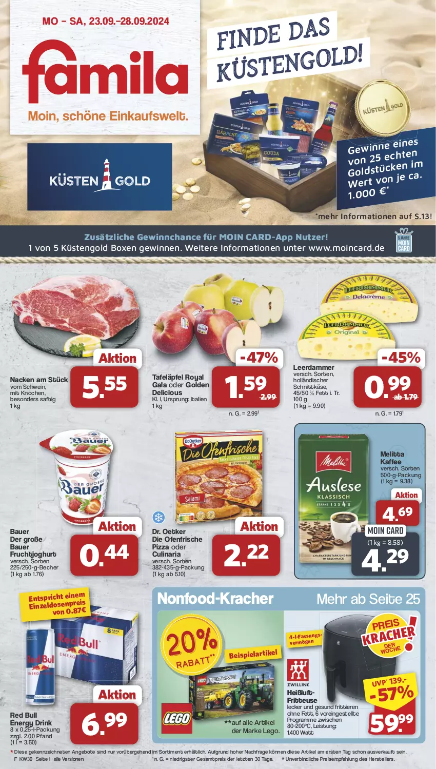 Aktueller Prospekt Famila - Prospekte - von 23.09 bis 28.09.2024 - strona 1 - produkty: angebot, angebote, auer, Bau, Bauer, Becher, culinaria, die ofenfrische, Dr. Oetker, drink, eis, elle, energy drink, fritteuse, frucht, fruchtjoghurt, Heißluftfritteuse, holländischer schnittkäse, joghur, joghurt, kaffee, Käse, kracher, küstengold, leerdammer, melitta, Ofen, pizza, red bull, reis, Ria, saft, schnittkäse, schwein, tafeläpfel, teller, Ti, Tiere, wein, ZTE