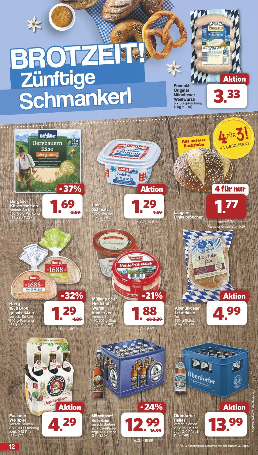 Aktueller Prospekt Famila - Prospekte - von 23.09 bis 28.09.2024 - strona 12 - produkty: Becher, bergader, bier, brot, brötchen, dinkelbrötchen, eis, elle, gin, Käse, käsescheiben, kellerbier, Konserven, leberkäs, leberkäse, malz, mönchshof, Müller, Paula, paulaner, ponnath, reis, Schmalz, schnitten, stube, Ti, Weißwurst, wurst, wurstkonserven, ZTE