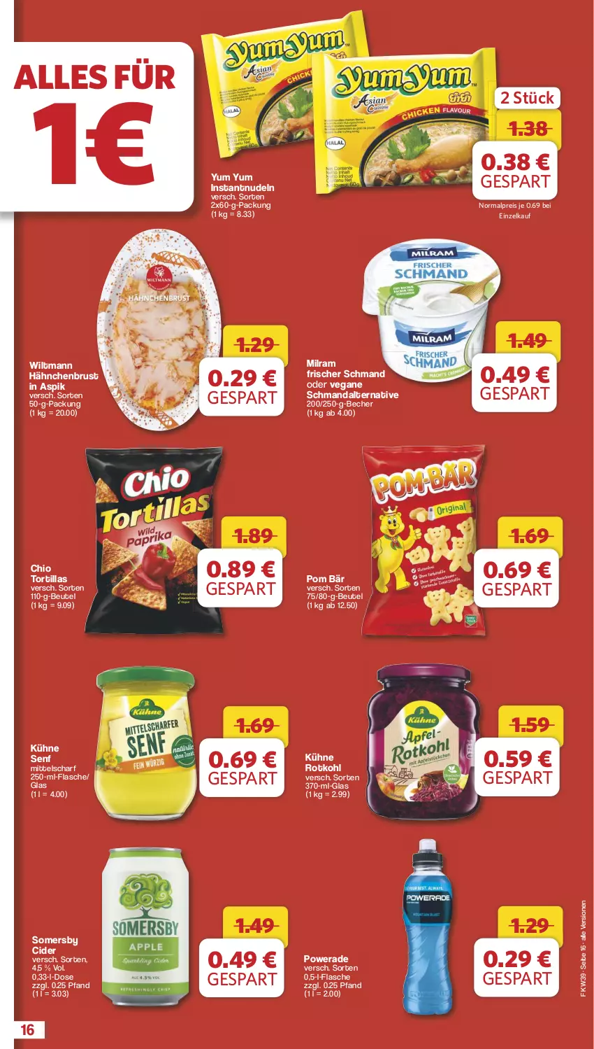 Aktueller Prospekt Famila - Prospekte - von 23.09 bis 28.09.2024 - strona 16 - produkty: Becher, beutel, cider, eis, flasche, hähnchenbrust, Kühne, kühne senf, milram, nudel, nudeln, reis, rotkohl, schmand, senf, somersby, Ti, tortilla, tortillas, wiltmann, Yum Yum