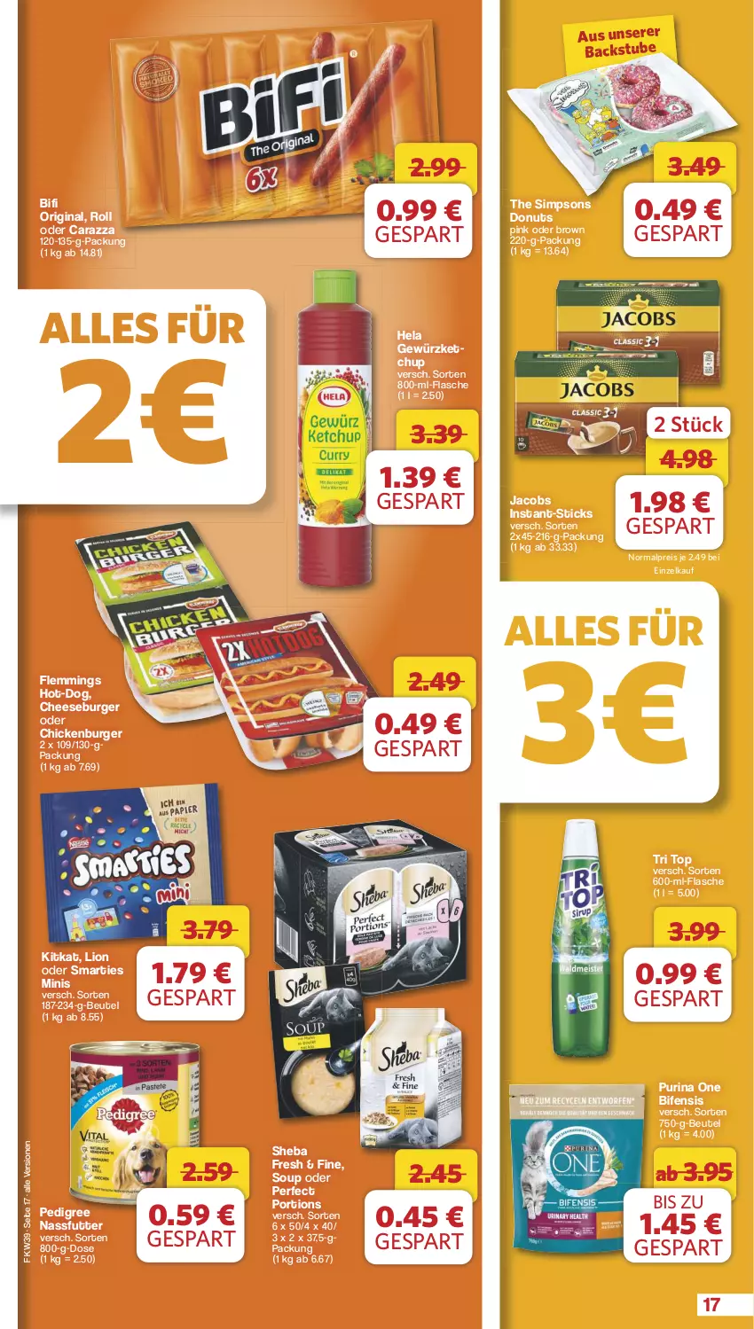 Aktueller Prospekt Famila - Prospekte - von 23.09 bis 28.09.2024 - strona 17 - produkty: beutel, bifi, burger, Donut, donuts, eis, emmi, flasche, gewürz, gewürzketchup, gin, Hela, jacobs, ketchup, kitkat, lion, nassfutter, pedigree, purina, reis, sheba, sim, smarties, stube, Ti