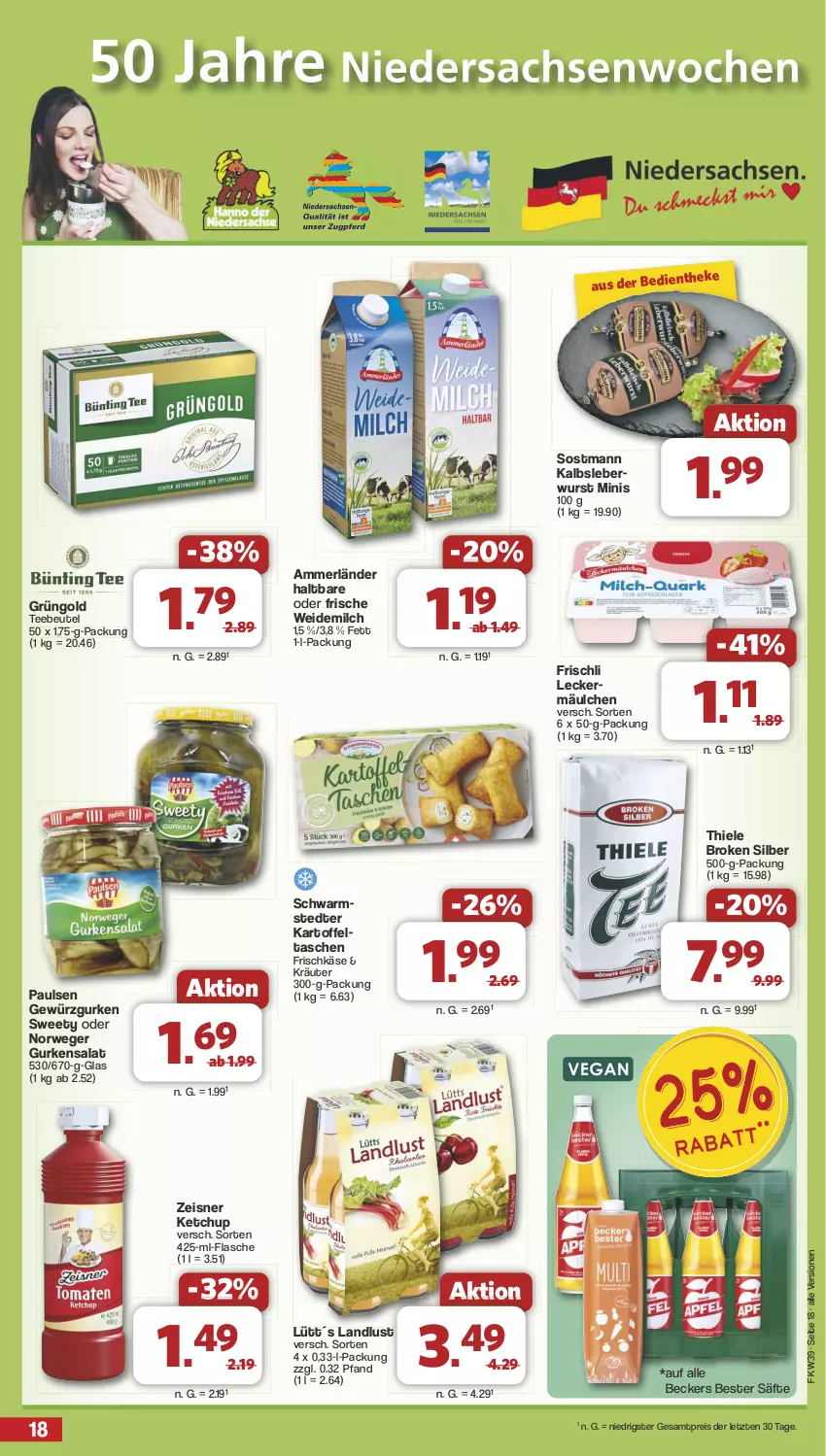 Aktueller Prospekt Famila - Prospekte - von 23.09 bis 28.09.2024 - strona 18 - produkty: ammerländer, Beckers Bester, beutel, eis, flasche, frischkäse, frischli, gewürz, Gewürzgurke, gewürzgurken, gurke, gurken, gurkensalat, Kalbsleber, Kalbsleberwurst, kartoffel, Kartoffeltaschen, Käse, ketchup, kräuter, leberwurst, leckermäulchen, merl, milch, reis, rwe, säfte, salat, schwarmstedter, Tasche, taschen, tee, Teebeutel, Ti, weidemilch, wurst, ZTE