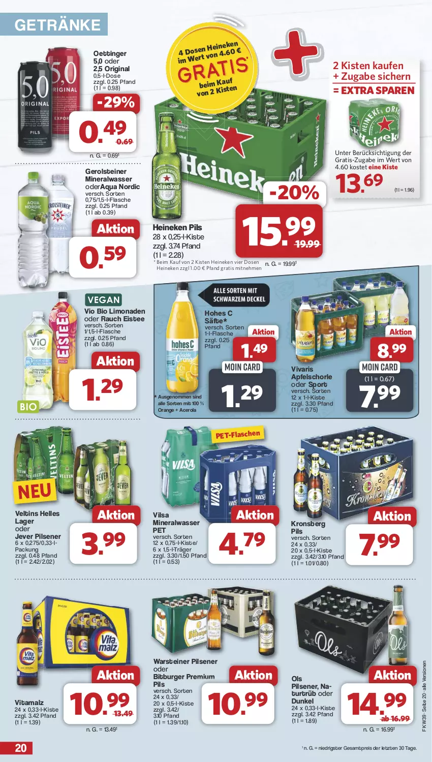 Aktueller Prospekt Famila - Prospekte - von 23.09 bis 28.09.2024 - strona 20 - produkty: acer, Alwa, apfel, Apfelschorle, aqua, bio, bio limo, bitburger, burger, eis, eistee, elle, flasche, gerolsteine, gerolsteiner, getränk, getränke, gin, heineken, Hohes C, jever, jever pilsener, limo, limonade, limonaden, malz, mineralwasser, natur, oettinger, orange, pet-flasche, pet-flaschen, pils, pilsener, premium pils, Rauch, reis, säfte, schorle, Sport, steiner, tee, Ti, veltins, vilsa, vio bio limo, vita, vitamalz, Vivaris, warsteiner, wasser, ZTE