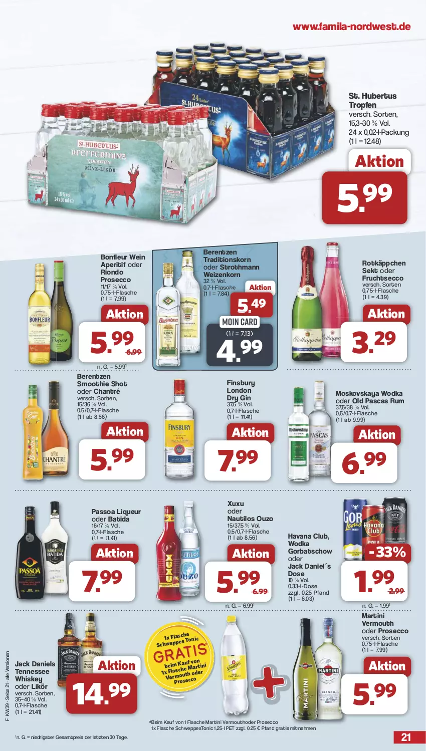 Aktueller Prospekt Famila - Prospekte - von 23.09 bis 28.09.2024 - strona 21 - produkty: aperitif, batida, berentzen, chantré, dry gin, ecco, eis, finsbury, flasche, frucht, fruchtsecco, gin, Gorbatschow, Havana Club, jack daniel, jack daniels, korn, likör, liqueur, london dry, london dry gin, martini, moskovskaya, ouzo, passo, pesto, prosecco, reis, rotkäppchen, rum, schweppes, sekt, smoothie, tennessee whiskey, Ti, tonic, Vermouth, wein, weizenkorn, whiskey, wodka, ZTE