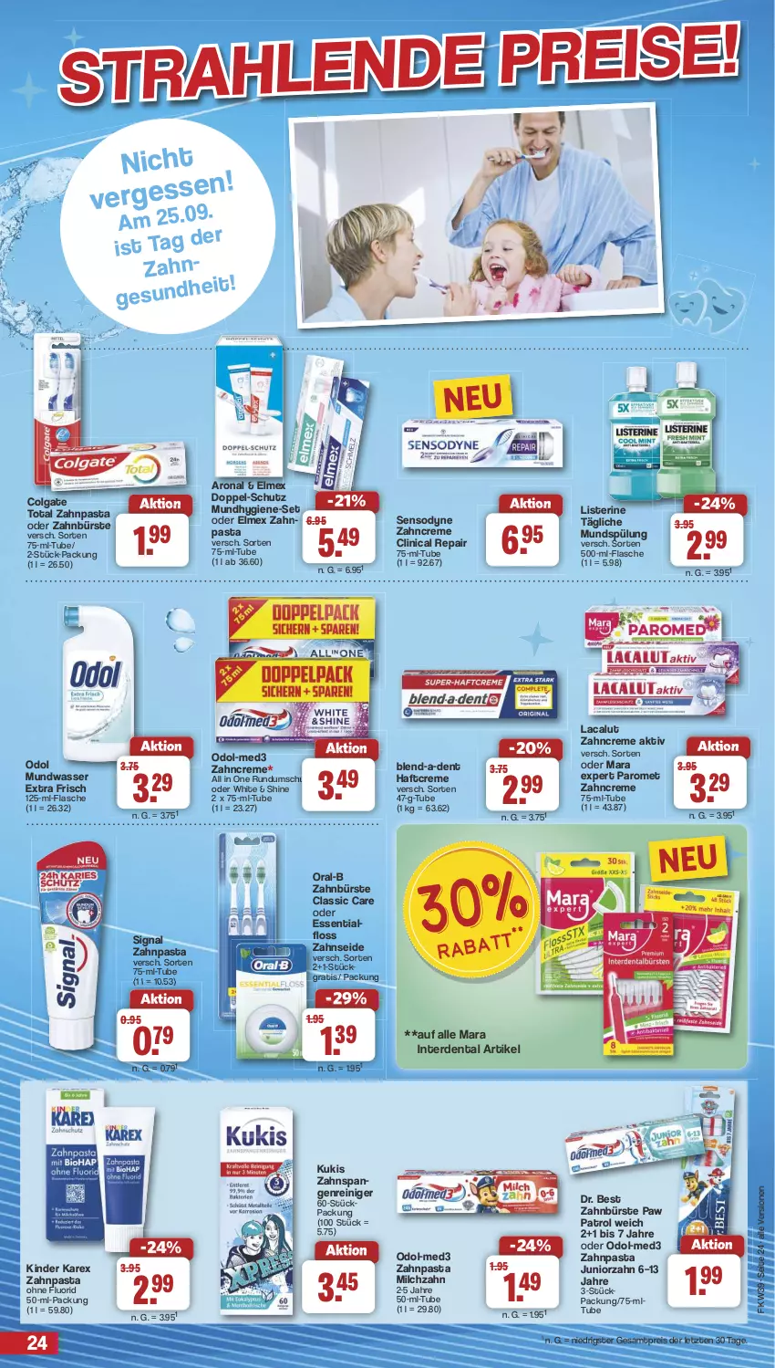 Aktueller Prospekt Famila - Prospekte - von 23.09 bis 28.09.2024 - strona 24 - produkty: bürste, Clin, colgate, colgate total, creme, Dr. Best, eis, elmex, erde, Essentialfloss, flasche, Haftcreme, Kinder, Lacalut, LG, listerine, milch, Mundhygiene, mundspülung, mundwasser, Odol, oral-b, pasta, Paw Patrol, reiniger, reis, sensodyne, Signal, spülung, Ti, wasser, zahnbürste, zahncreme, zahnpasta, Zahnseide, ZTE