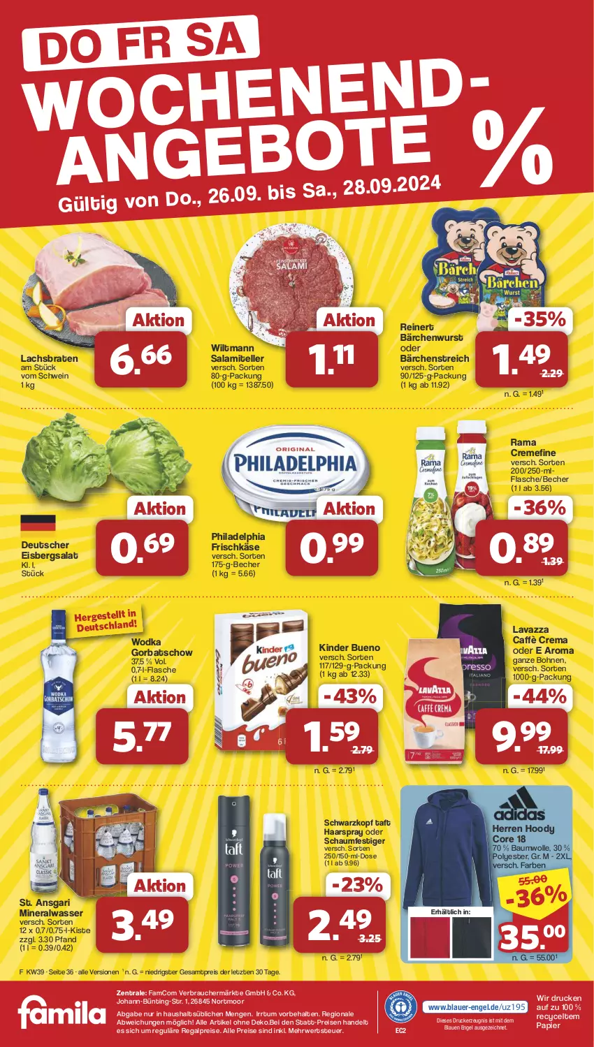 Aktueller Prospekt Famila - Prospekte - von 23.09 bis 28.09.2024 - strona 36 - produkty: Alwa, auer, Bau, baumwolle, Becher, bohne, bohnen, braten, caffè crema, creme, drucker, eis, eisbergsalat, elle, Engel, flasche, frischkäse, Gorbatschow, haarspray, Käse, kerze, Kinder, kinder bueno, lachs, Lachsbraten, lavazza, mineralwasser, oder schaumfestiger, papier, philadelphia, rama, rama cremefine, Rauch, regal, reinert, reis, rwe, salami, salat, schaumfestiger, schwarzkop, schwarzkopf, schwein, Taft, teller, Ti, wasser, wein, wiltmann, wodka, wolle, wurst, ZTE