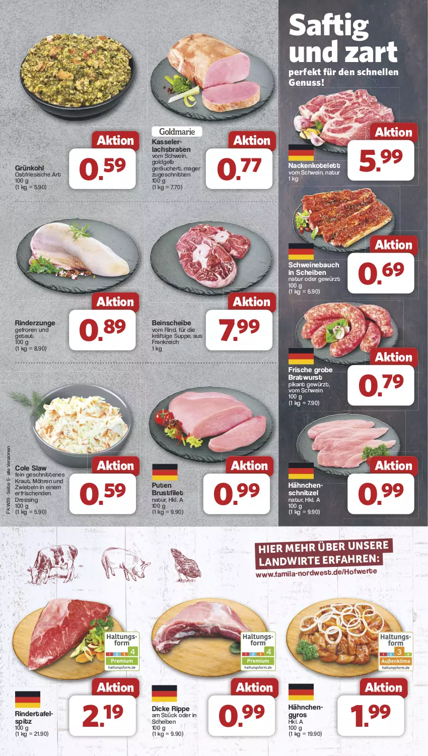 Aktueller Prospekt Famila - Prospekte - von 23.09 bis 28.09.2024 - strona 5 - produkty: Bau, braten, bratwurst, brustfilet, dressing, elle, filet, gewürz, grobe bratwurst, gyros, Hähnchengyros, Hähnchenschnitzel, kasseler, kotelett, Kraut, lachs, Lachsbraten, möhren, natur, nuss, pute, rind, rinder, Rinderzunge, saft, schnitten, schnitzel, schwein, schweine, Schweinebauch, suppe, tafelspitz, Ti, wein, weine, wurst, zwiebel, zwiebeln