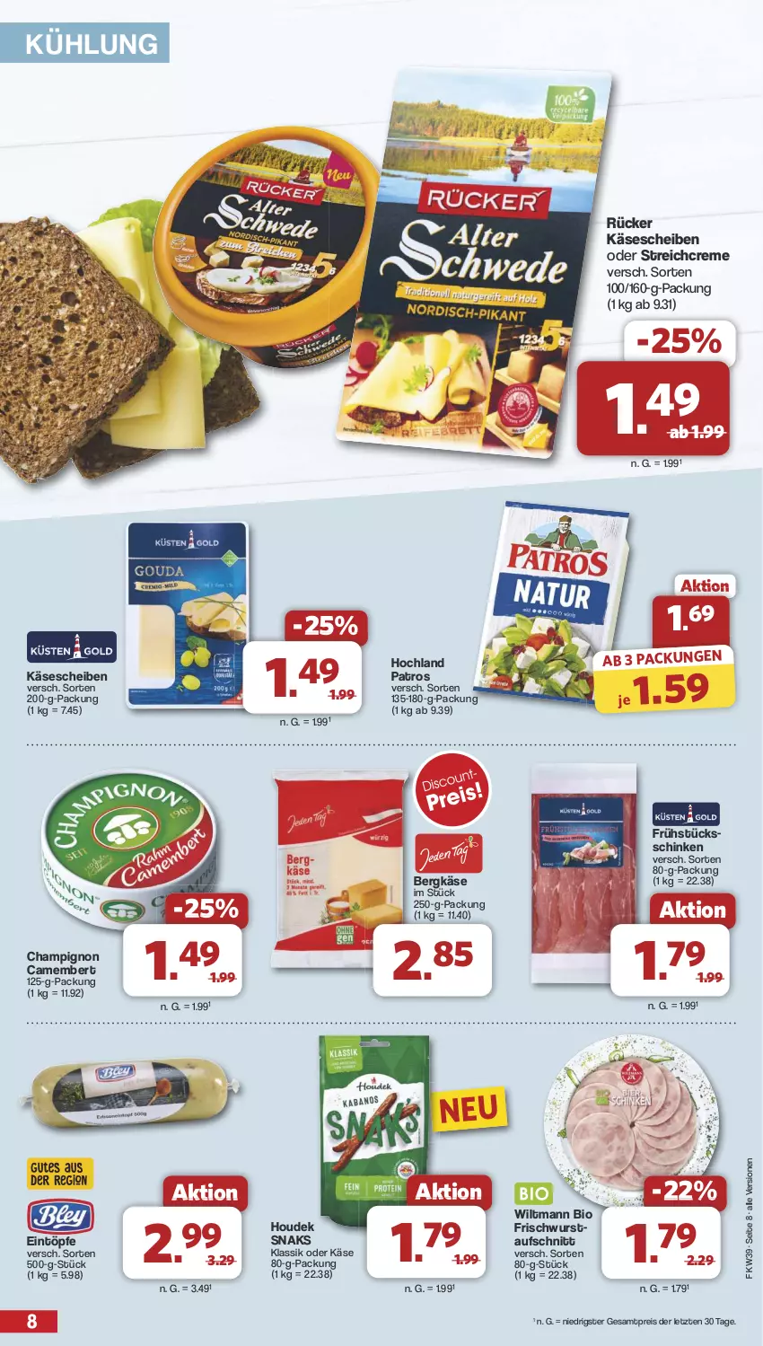 Aktueller Prospekt Famila - Prospekte - von 23.09 bis 28.09.2024 - strona 8 - produkty: aufschnitt, Bergkäse, bio, camembert, champignon, creme, eintöpfe, eis, hochland, houdek, Käse, käsescheiben, patros, reis, schinken, Ti, wiltmann, wurst, ZTE