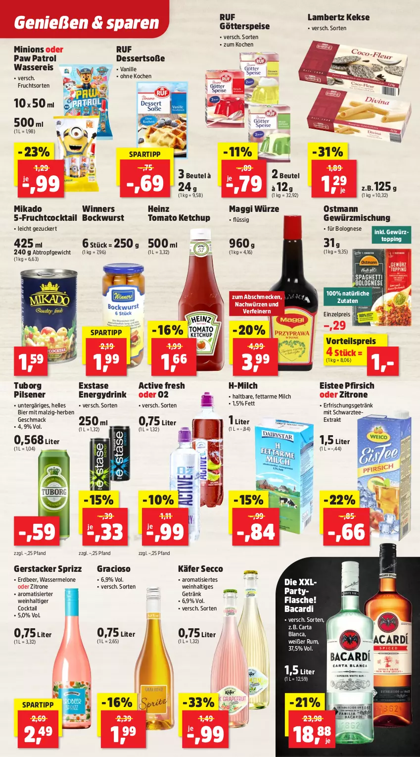 Aktueller Prospekt Thomas Philipps - von 14.07 bis 19.07.2025 - strona 7 - produkty: Amber, bacardi, beutel, bier, bockwurst, bolognese, cocktail, dessert, desserts, drink, ecco, eis, eistee, elle, erfrischungsgetränk, flasche, frucht, getränk, gewürz, Gewürzmischung, götterspeise, gracioso, heinz, käfer, keks, kekse, ketchup, lambertz, mac, maggi, maggi würze, malz, melone, mikado, milch, Paw Patrol, pfirsich, pils, pilsener, reis, rum, Soße, spartipp, Sprizz, tee, Ti, tomato ketchup, vanille, vorteilspreis, wasser, wassereis, wassermelone, wein, wurst, zitrone, ZTE, zucker