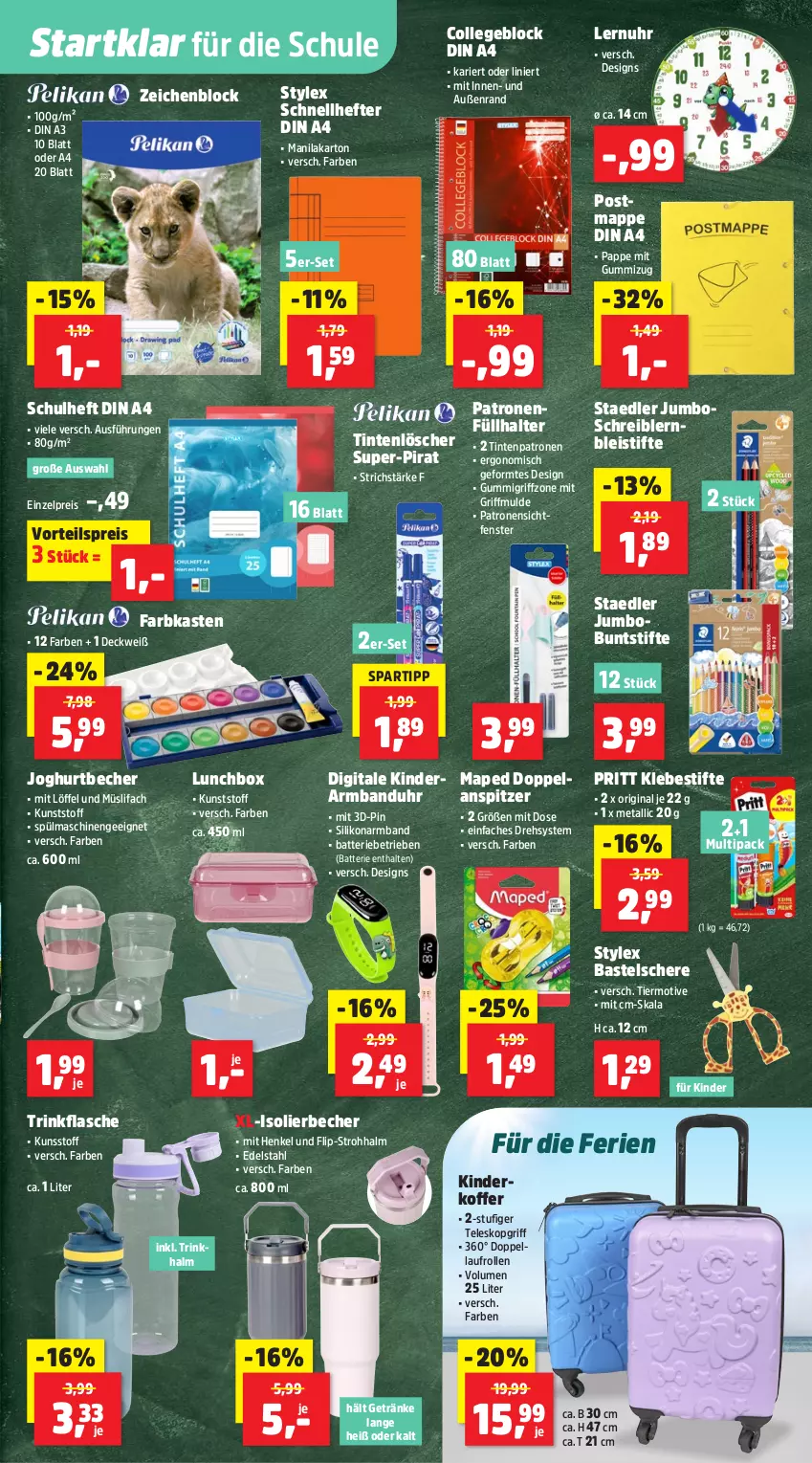 Aktueller Prospekt Thomas Philipps - von 14.07 bis 19.07.2025 - strona 8 - produkty: Armband, Armbanduhr, batterie, Becher, Bleistift, bleistifte, bosch, buntstifte, collegeblock, din a4, edelstahl, eis, fenster, flasche, Füllhalter, getränk, getränke, gin, Hefte, henkel, isolierbecher, joghur, joghurt, jumbo, Kinder, koffer, Löffel, lunchbox, müsli, Postmappe, pritt, reis, Schere, Schnellhefter, spartipp, spülmaschinen, stifte, stylex, Teleskop, Ti, Tintenlöscher, Tintenpatrone, trinkflasche, uhr, vorteilspreis, zeichenblock