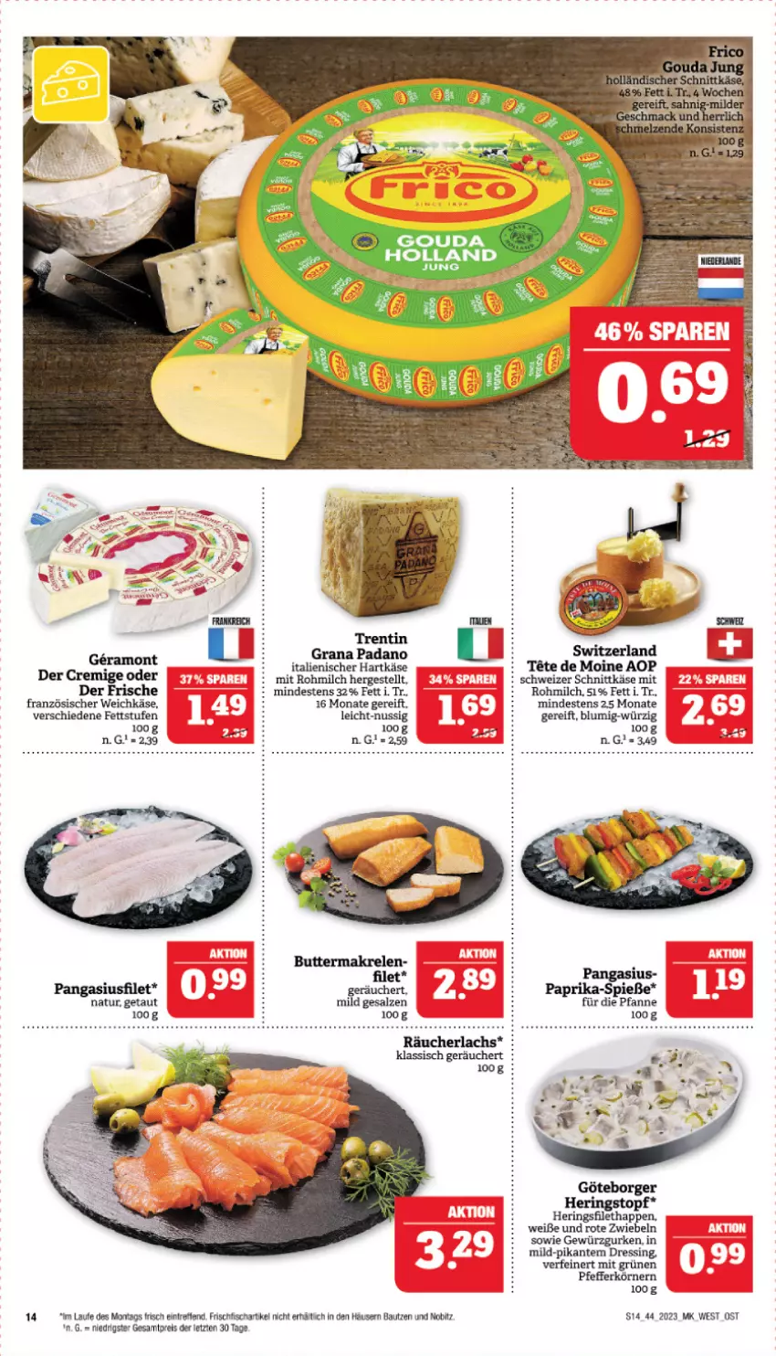 Aktueller Prospekt Marktkauf - Prospekt - von 29.10 bis 04.11.2023 - strona 14 - produkty: Bau, butter, dressing, eis, filet, fisch, französischer weichkäse, frischfisch, gewürz, Gewürzgurke, gewürzgurken, grana, grana padano, gurke, gurken, hartkäse, hering, Herings, italienischer hartkäse, Käse, lachs, Makrele, milch, natur, nuss, padano, Pangasius, paprika, pfanne, pfeffer, Rana, Räucherlachs, reis, rel, ring, Rote Zwiebel, salz, schnittkäse, schweizer schnittkäse, Ti, topf, weichkäse, ZTE, zwiebel, zwiebeln