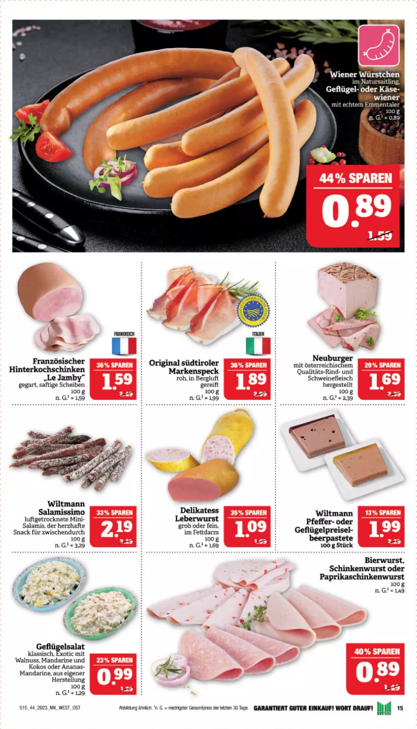 Aktueller Prospekt Marktkauf - Prospekt - von 29.10 bis 04.11.2023 - strona 15 - produkty: ananas, bier, burger, eis, emmentaler, fleisch, gin, hinterkochschinken, kochschinken, kokos, leberwurst, mandarine, natur, Neuburger, nuss, paprika, pastete, pfeffer, reis, rind, saft, salami, schinken, schinkenwurst, schwein, schweine, schweinefleisch, sim, snack, Speck, südtiroler, Ti, walnuss, wein, weine, wiltmann, wurst, ZTE