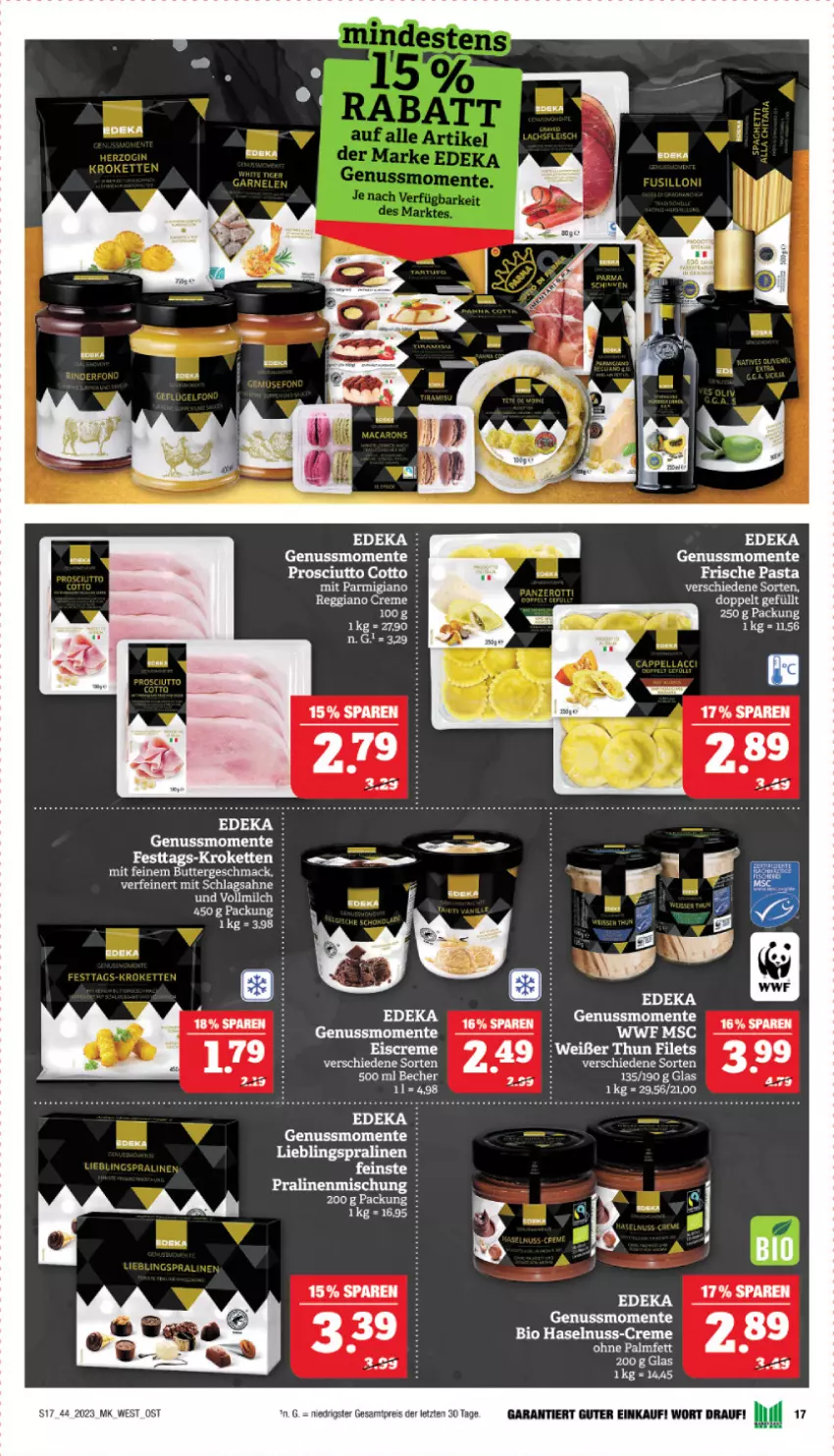 Aktueller Prospekt Marktkauf - Prospekt - von 29.10 bis 04.11.2023 - strona 17 - produkty: Becher, bio, butter, creme, deka, eis, ente, filet, filets, Frische Pasta, haselnuss, Kette, Kroketten, mac, milch, nuss, parmigiano, pasta, pralinen, prosciutto, prosciutto cotto, reggiano, reis, sahne, schlagsahne, tee, Ti, vollmilch, ZTE