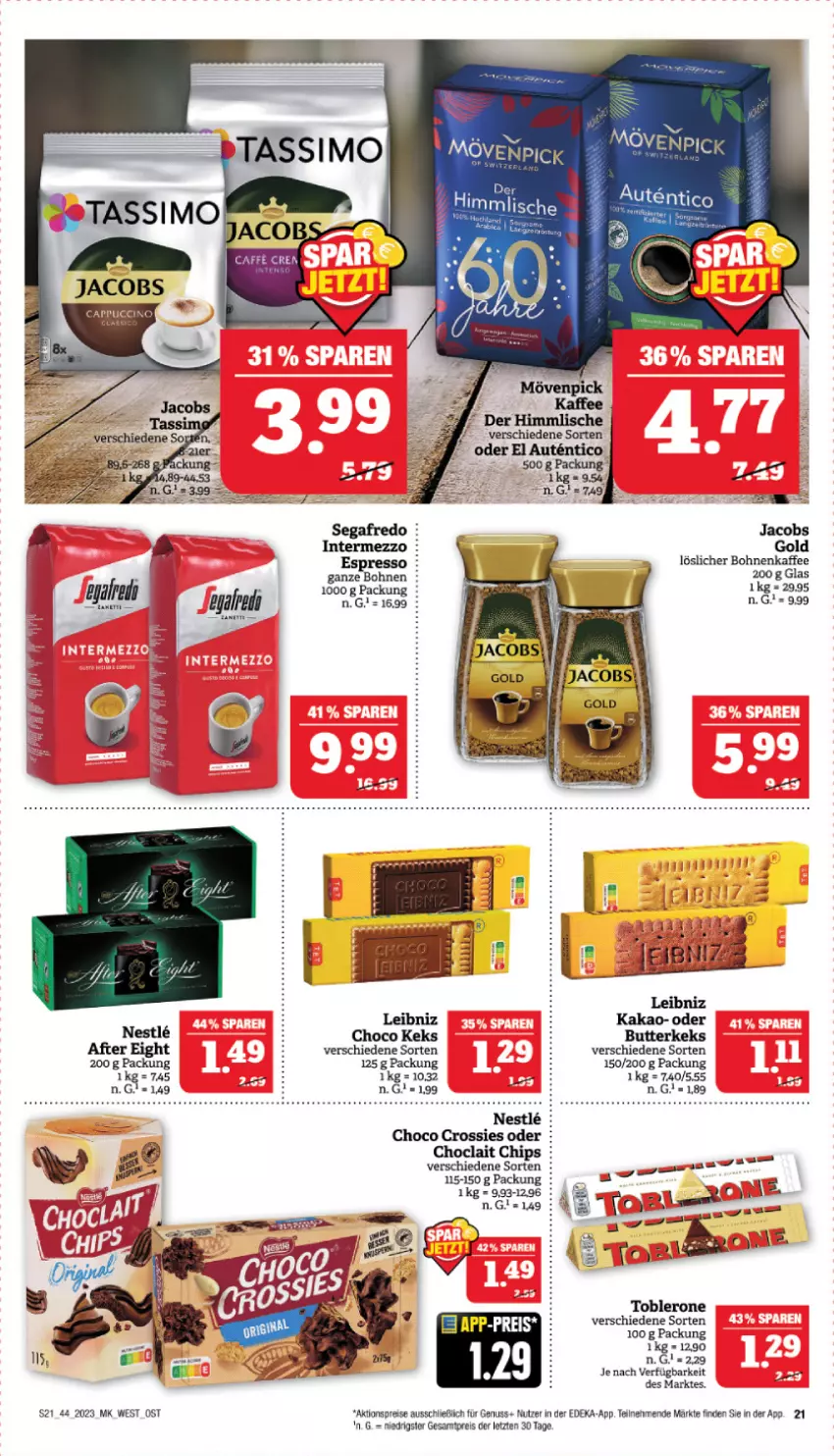 Aktueller Prospekt Marktkauf - Prospekt - von 29.10 bis 04.11.2023 - strona 21 - produkty: aktionspreis, bohne, bohnen, bohnenkaffee, butter, butterkeks, chips, choclait chips, choco crossies, crossies, deka, eis, espresso, intermezzo, jacobs, kaffee, kakao, keks, leibniz, löslicher bohnenkaffee, mövenpick, mövenpick kaffee, nuss, reis, rel, Segafredo, Ti, toblerone, ZTE