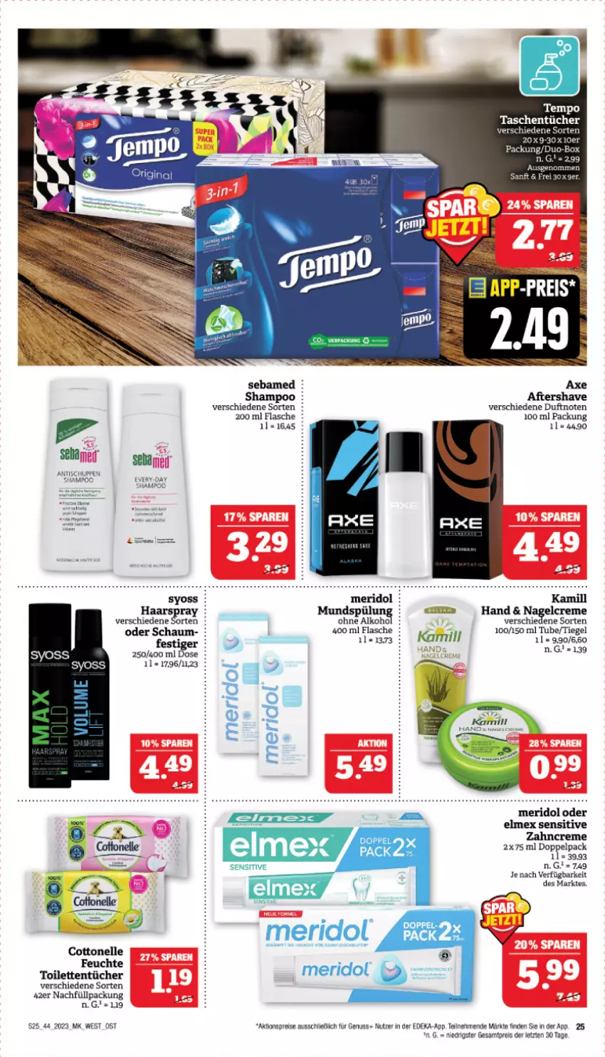 Aktueller Prospekt Marktkauf - Prospekt - von 29.10 bis 04.11.2023 - strona 25 - produkty: aktionspreis, axe, cottonelle, creme, deka, eis, elle, elmex, flasche, K2, Kamill, Kamin, meridol, nuss, reis, rel, sebamed, shampoo, syoss, Tasche, taschen, taschentücher, Tempo, Ti, tisch, toilettentücher, tücher, Yo, zahncreme, ZTE