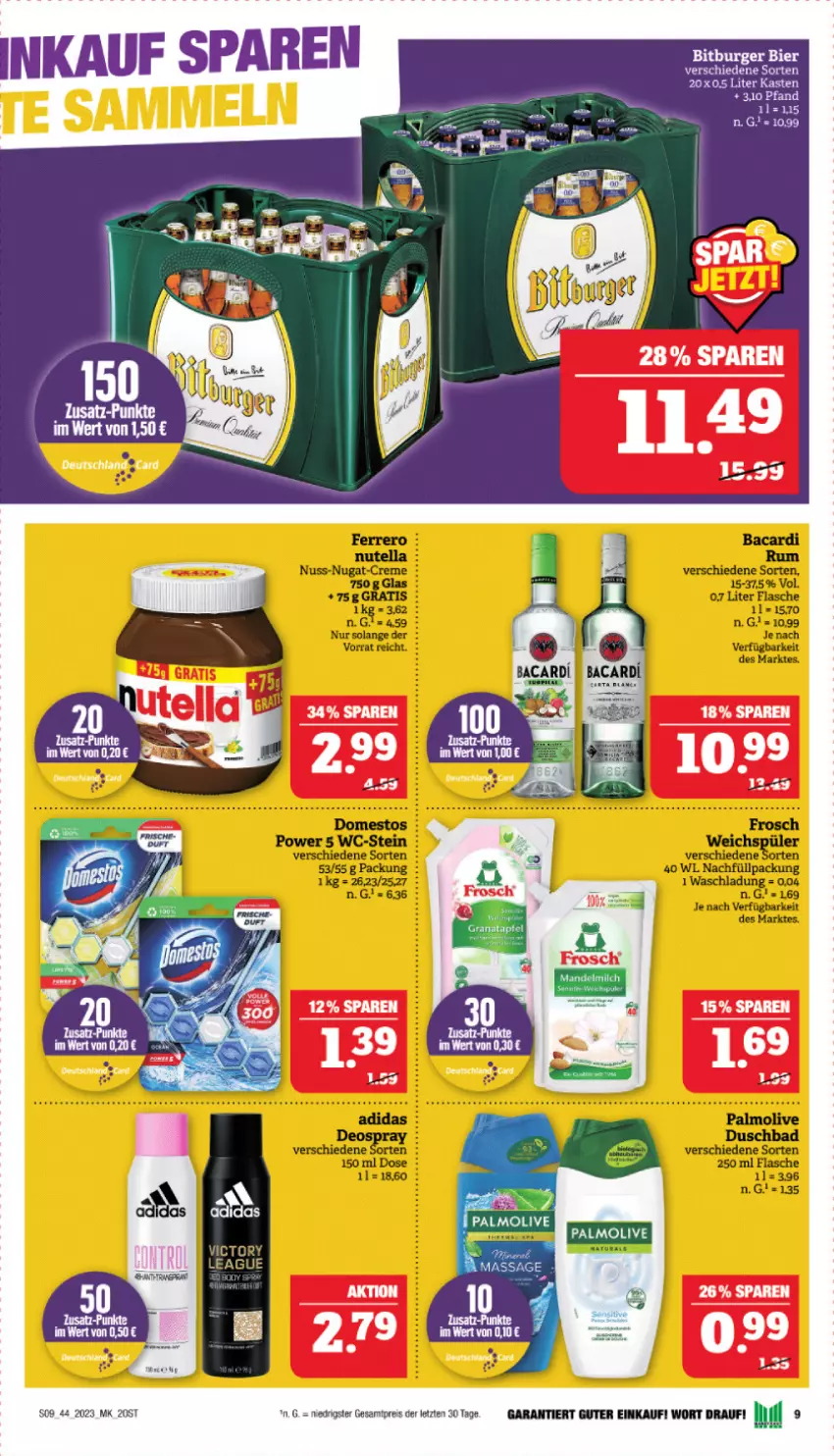 Aktueller Prospekt Marktkauf - Prospekt - von 29.10 bis 04.11.2023 - strona 9 - produkty: Adidas, bacardi, Bad, creme, deo, duschbad, eis, ferrero, flasche, Frosch, nuss, nuss-nugat-creme, nutella, olive, palmolive, reis, rum, Ti, weichspüler, Yo, ZTE