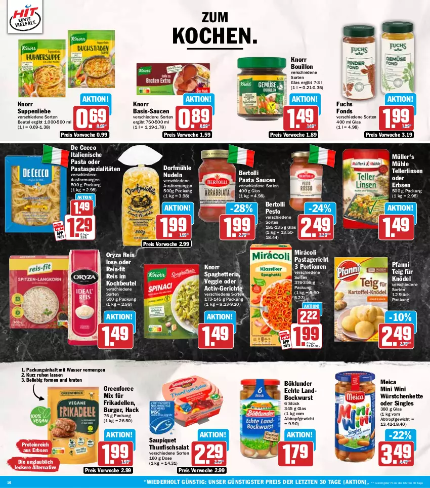 Aktueller Prospekt Hit - Wochenprospekt - von 22.09 bis 27.09.2025 - strona 10 - produkty: bertolli, beutel, bockwurst, böklunder, braten, burger, De Cecco, dell, ecco, eis, elle, erbsen, fisch, frikadellen, italienische pasta, Kette, Knödel, knorr, kochbeutel, linsen, meica, Mirácoli, Müller, nudel, nudeln, oryza, pasta, Pasta Sauce, Pastagericht, pesto, pfanni, reis, reis-fit, Ria, salat, sauce, saucen, saupiquet, Spezi, suppe, suppen, suppenliebe, teller, thunfisch, Thunfischsalat, Ti, veggie, wasser, wurst, würstchen, ZTE